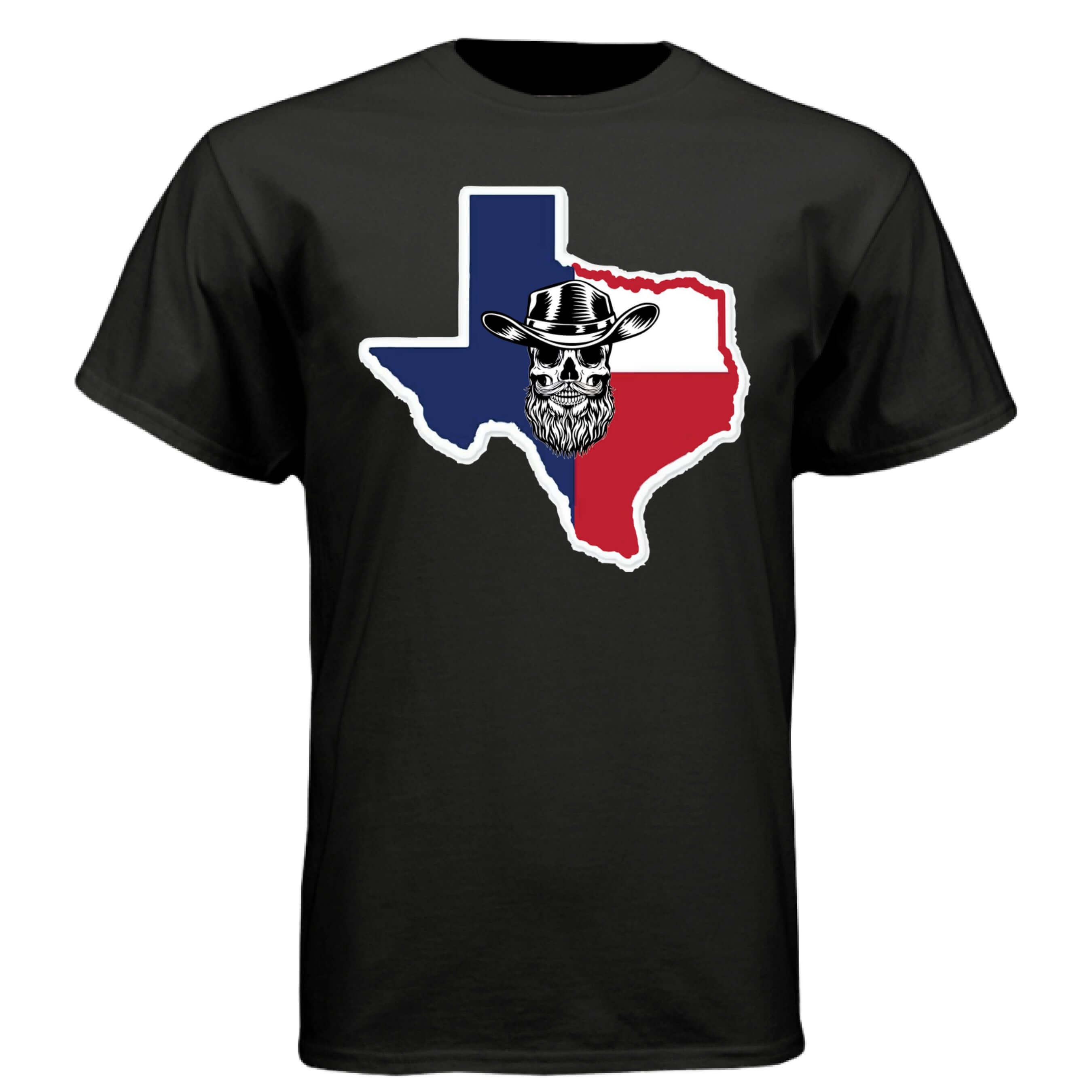 Texas Bearded Skull Cowboy T-Shirt – Rugged Style for the True Beard Man BLACK - FRONT