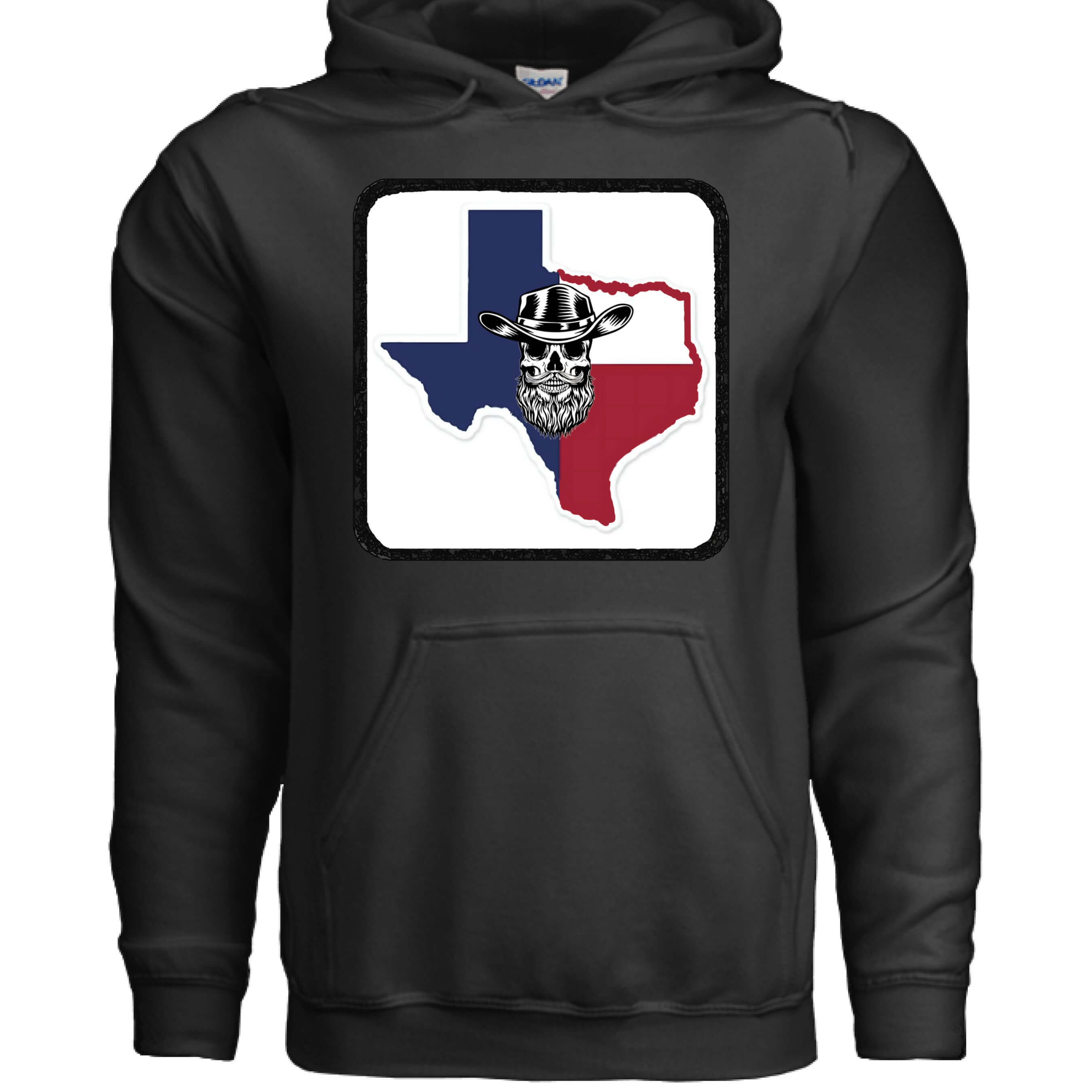 Texas Skull Graphic Hoodie with Cowboy Hat and Flag Colors front view,  Texas Skull Graphic Hoodie with Cowboy Hat and Flag Colors design detail , Texas Skull Cowboy Hat Flag Colors Hoodie side view , Texas Skull Graphic Hoodie cowboy hat skull graphic close up