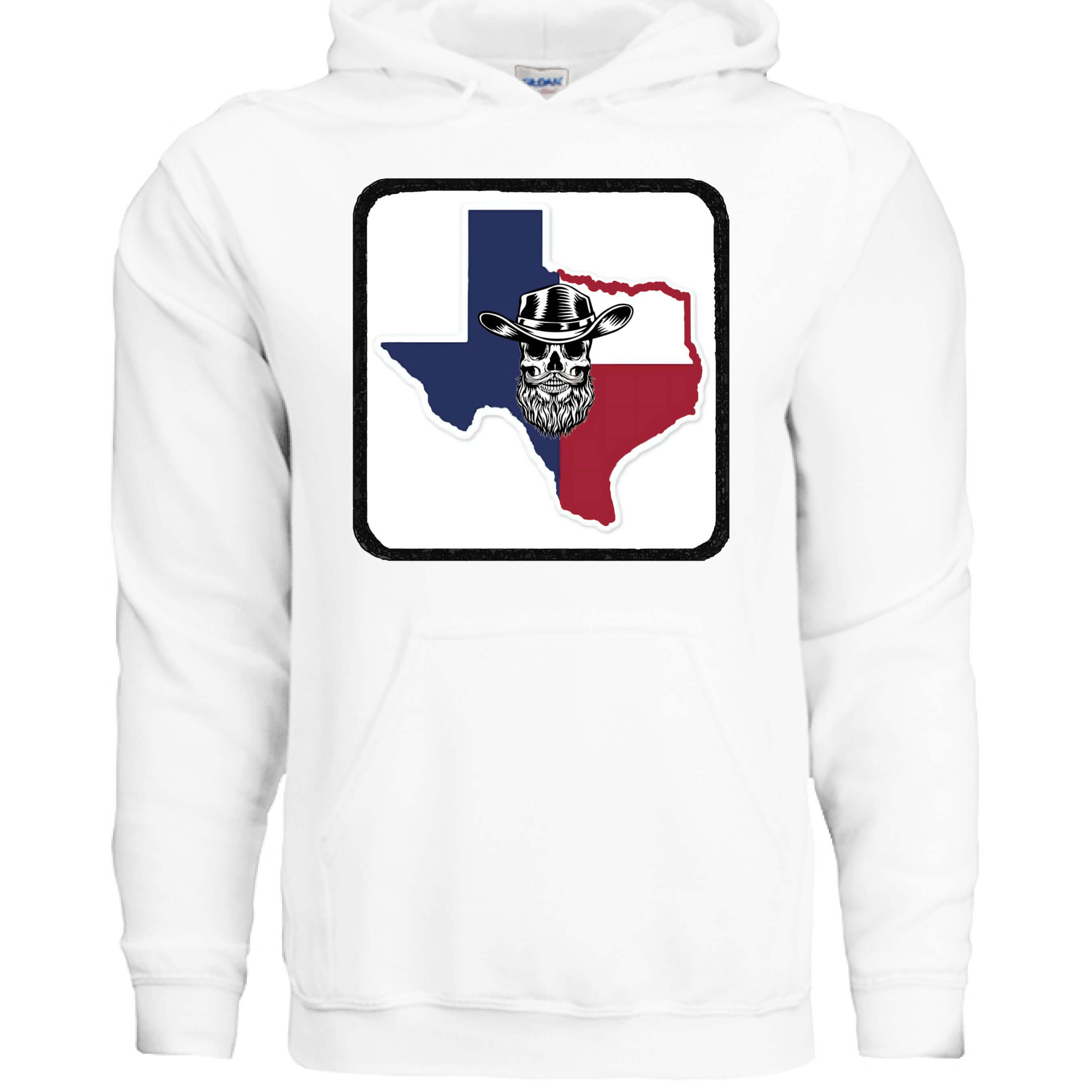 Texas Skull Graphic Hoodie with Cowboy Hat and Flag Colors front view,  Texas Skull Graphic Hoodie with Cowboy Hat and Flag Colors design detail , Texas Skull Cowboy Hat Flag Colors Hoodie side view , Texas Skull Graphic Hoodie cowboy hat skull graphic close up