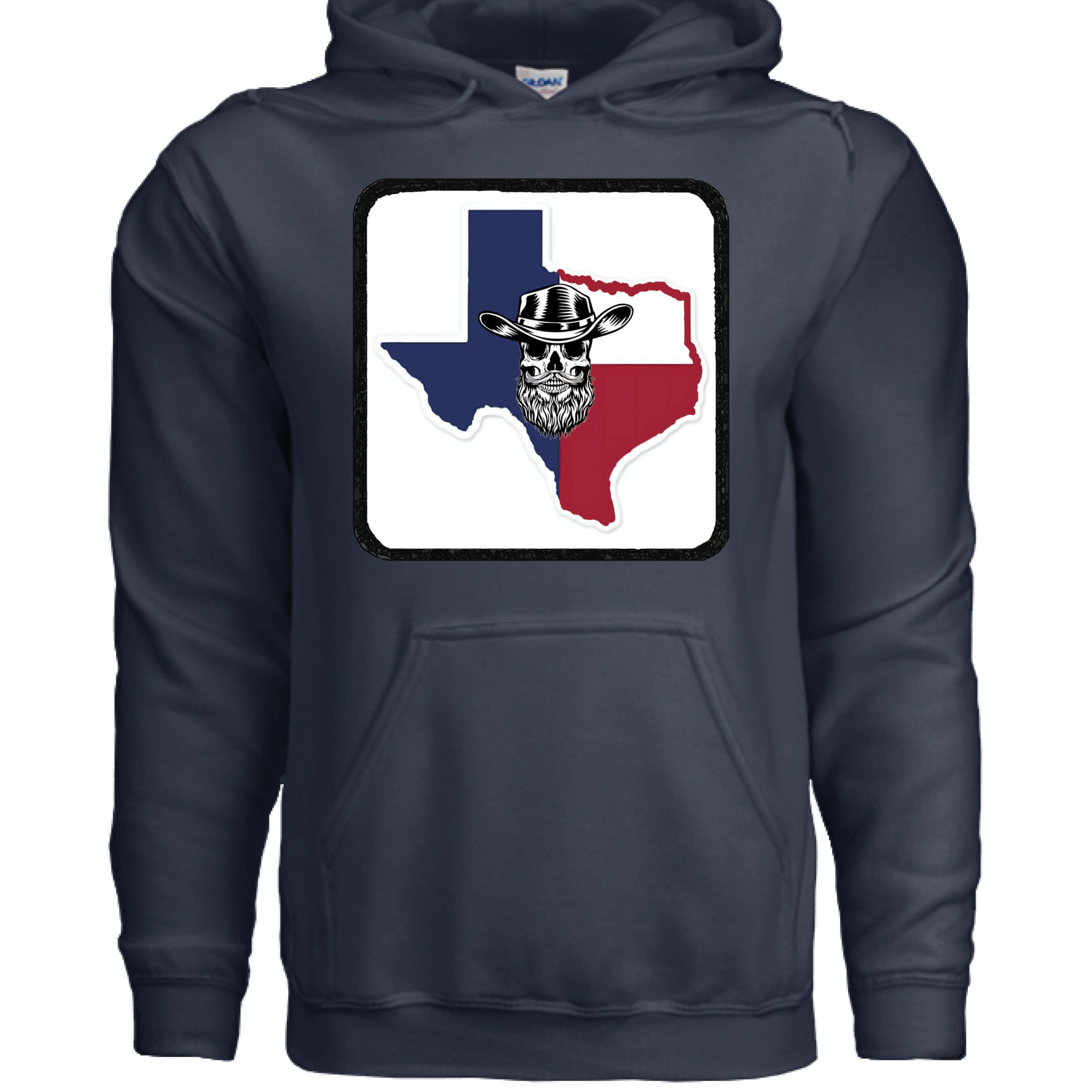 Texas Skull Graphic Hoodie with Cowboy Hat and Flag Colors NAVY - FRONT