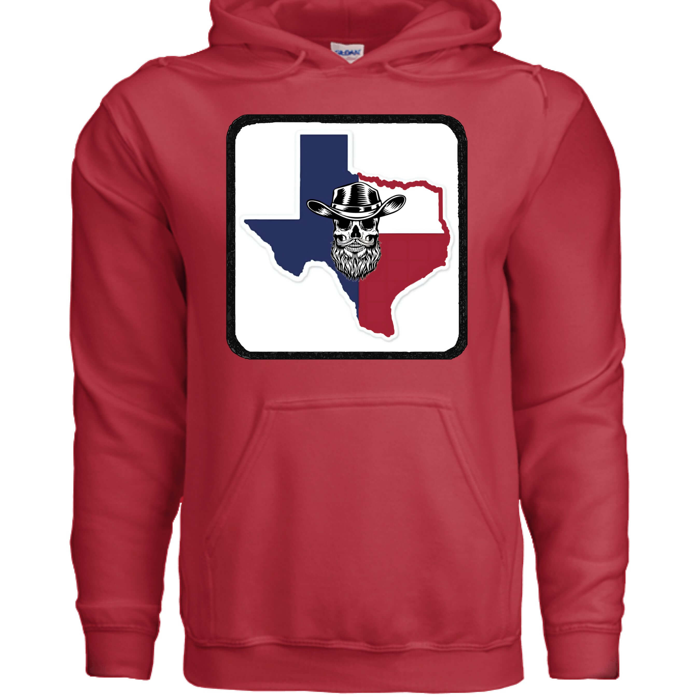 Texas Skull Graphic Hoodie with Cowboy Hat and Flag Colors RED - FRONT