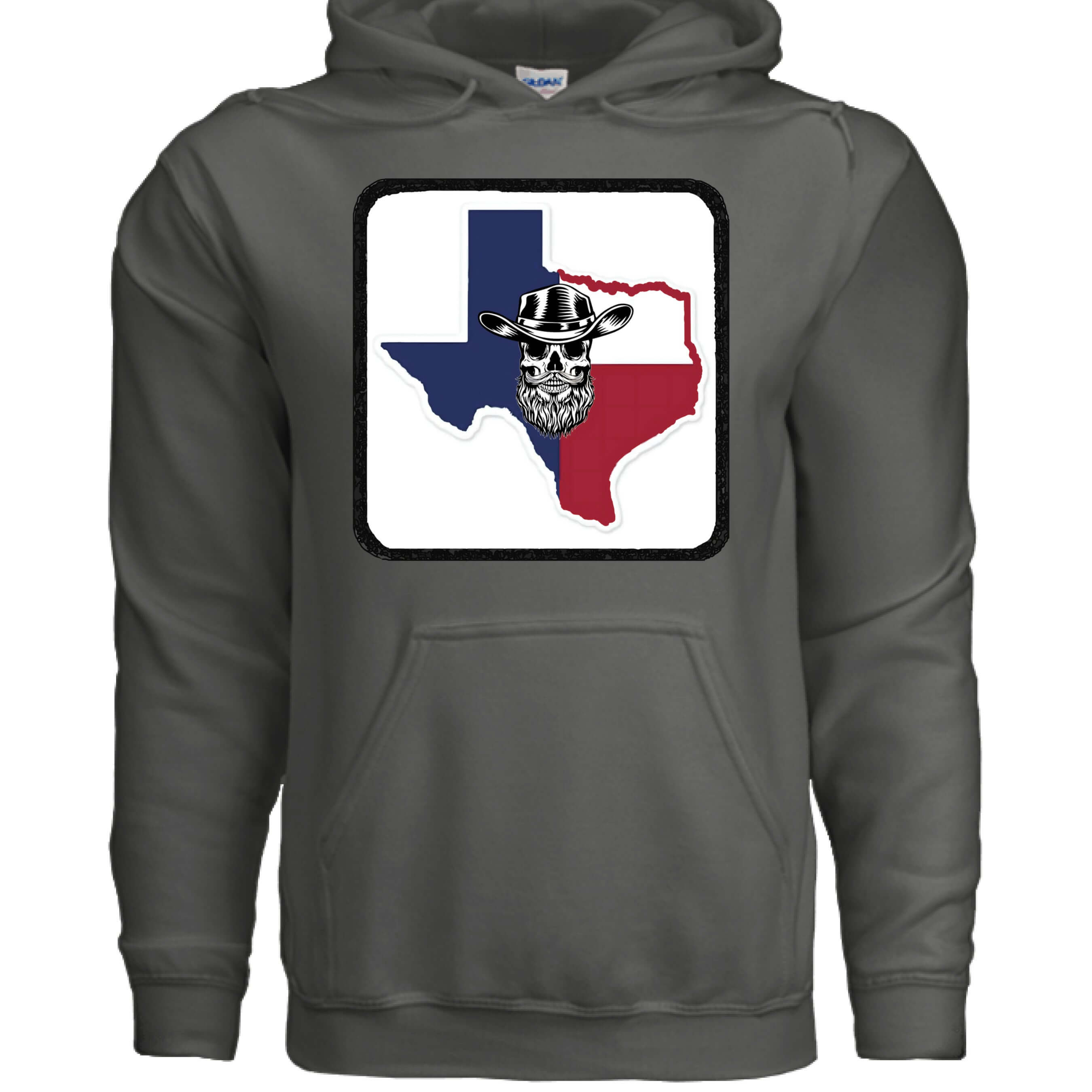 Texas Skull Graphic Hoodie with Cowboy Hat and Flag Colors CHARCOAL - FRONT