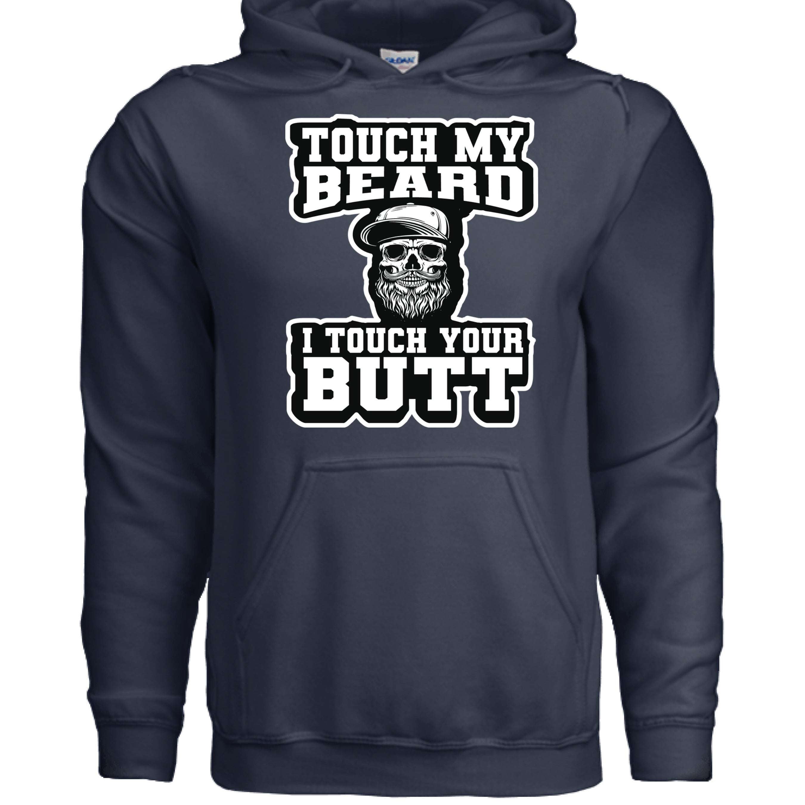 Touch My Beard I Touch Your Butt Edgy Humor Bearded Skull Graphic Hoodie NAVY - FRONT
