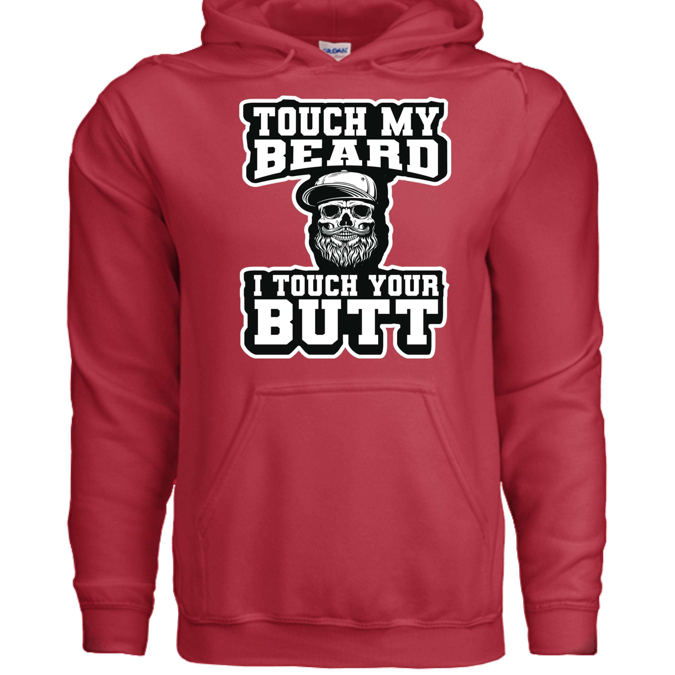 Touch My Beard I Touch Your Butt Edgy Humor Bearded Skull Graphic Hoodie RED - FRONT