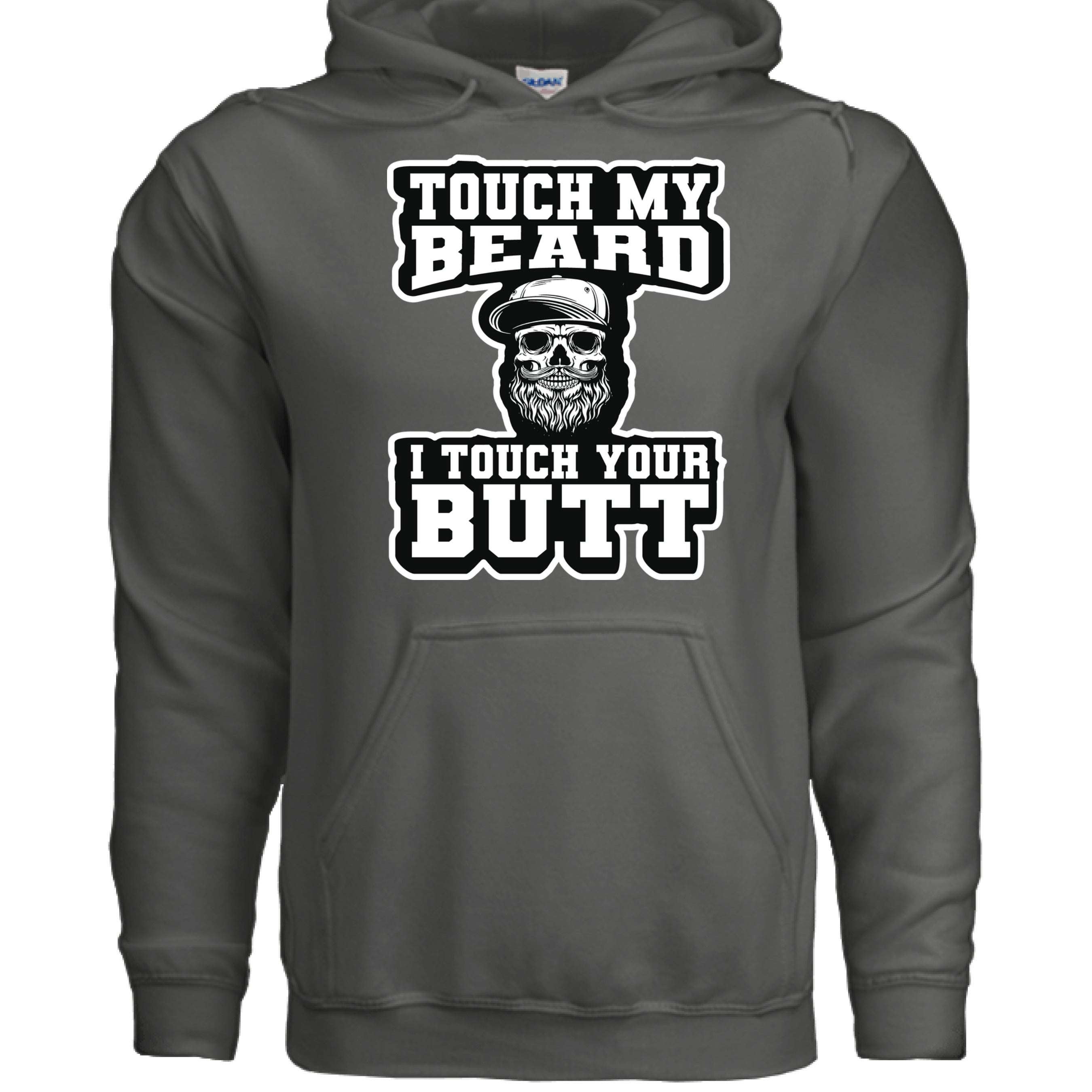 Touch My Beard I Touch Your Butt Edgy Humor Bearded Skull Graphic Hoodie CHARCOAL - FRONT
