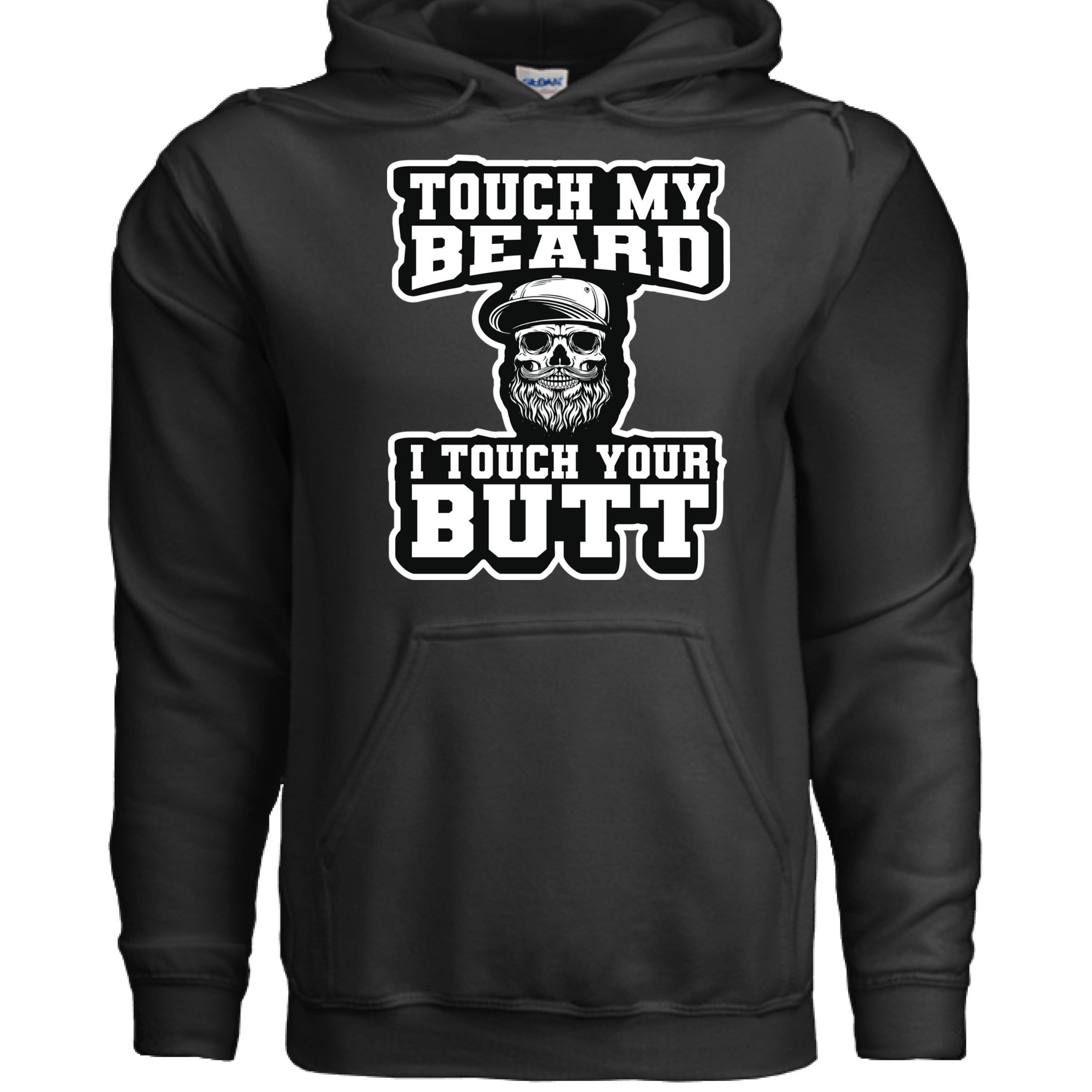 Touch My Beard I Touch Your Butt Edgy Humor Bearded Skull Graphic Hoodie BLACK - FRONT