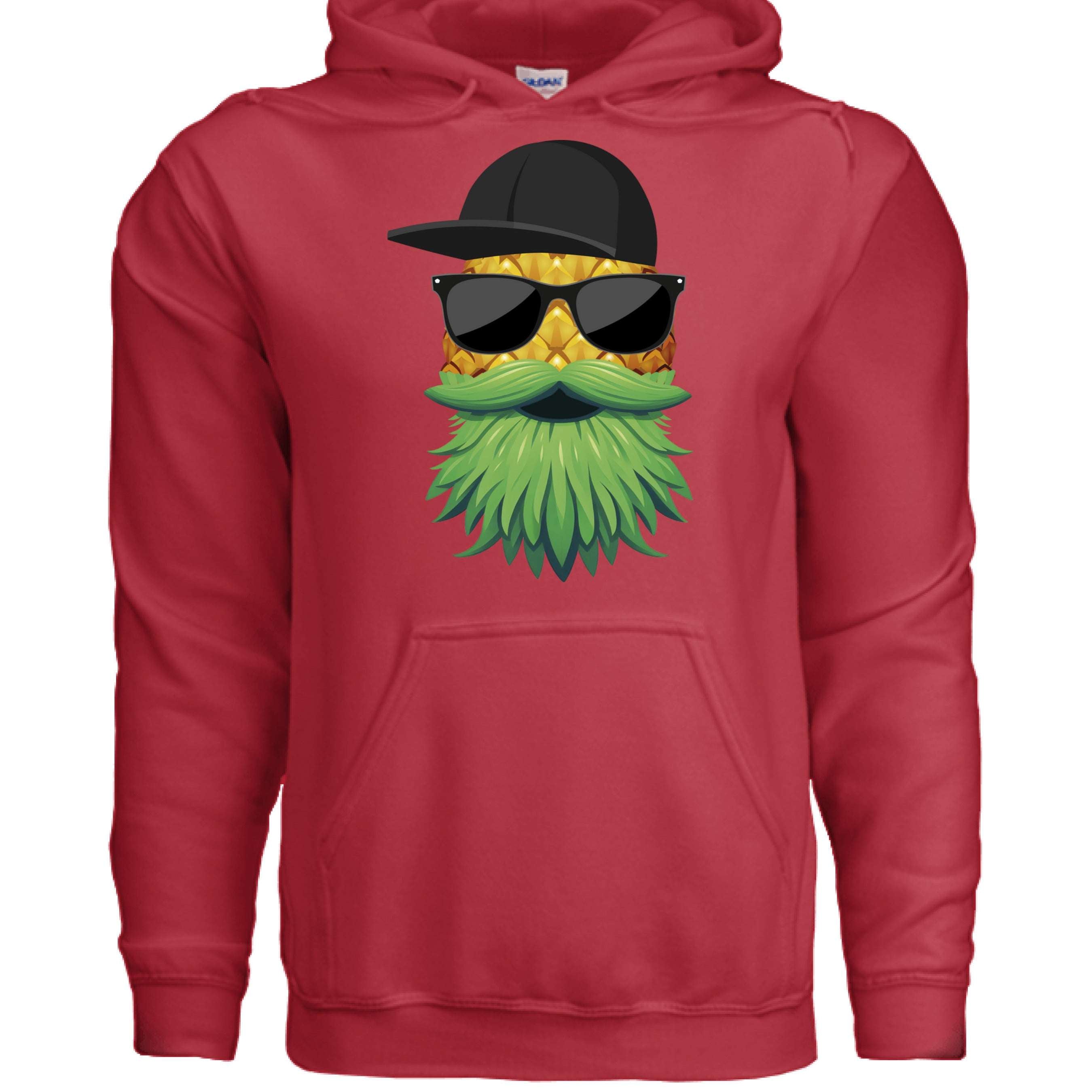 Upside Down Bearded Pineapple Hoodie with sunglasses and a hat, vibrant red color, fun and stylish design.