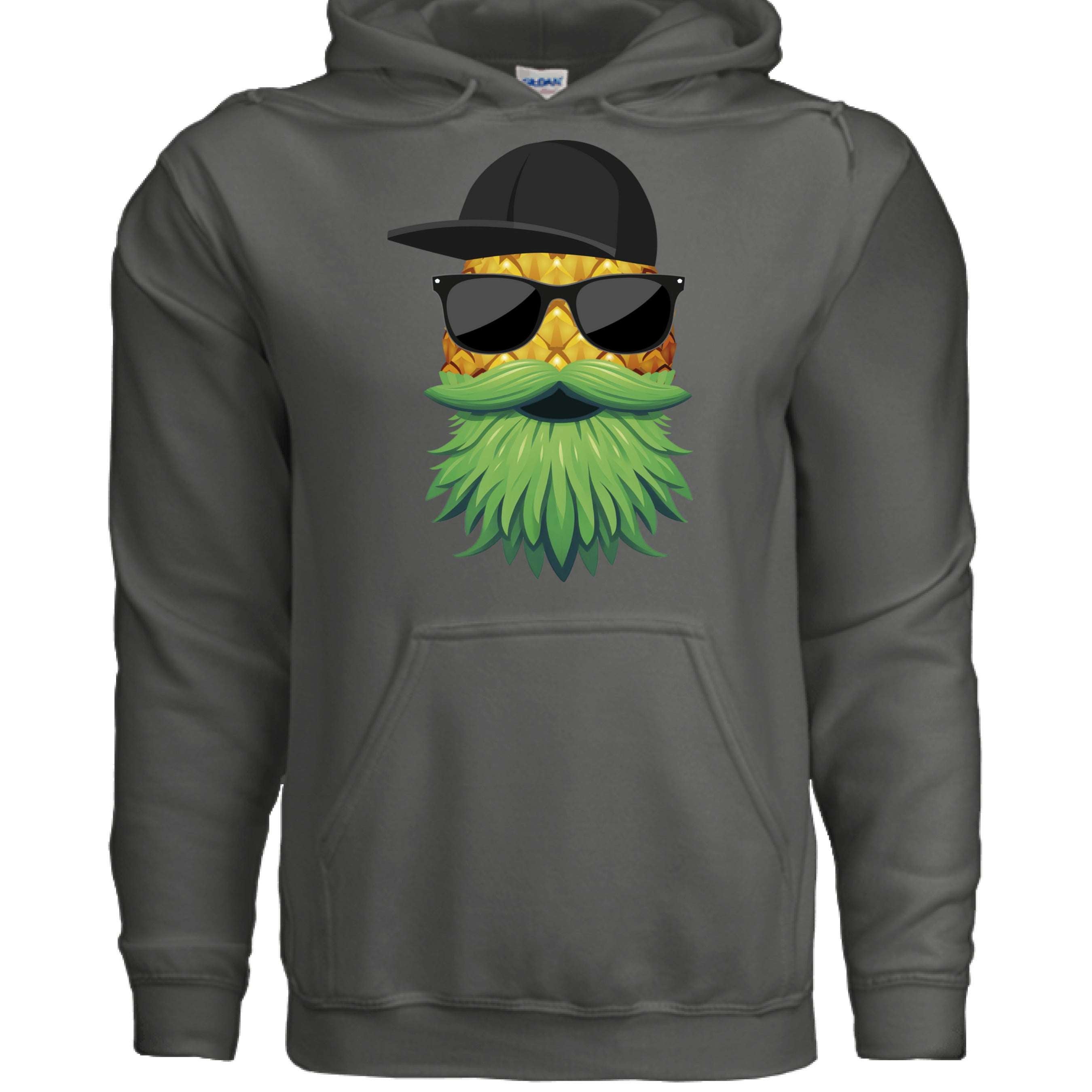 Upside Down Bearded Pineapple hoodie with cool design featuring a bearded pineapple wearing sunglasses and a cap.