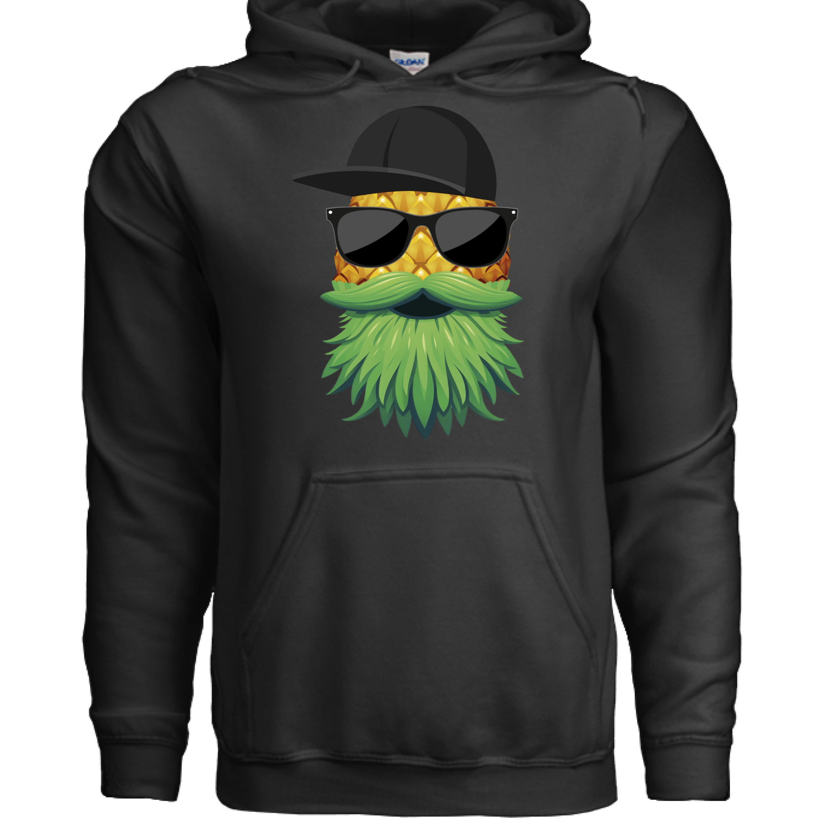 Upside Down Bearded Pineapple Hoodie featuring a playful graphic of sunglasses and a beard.