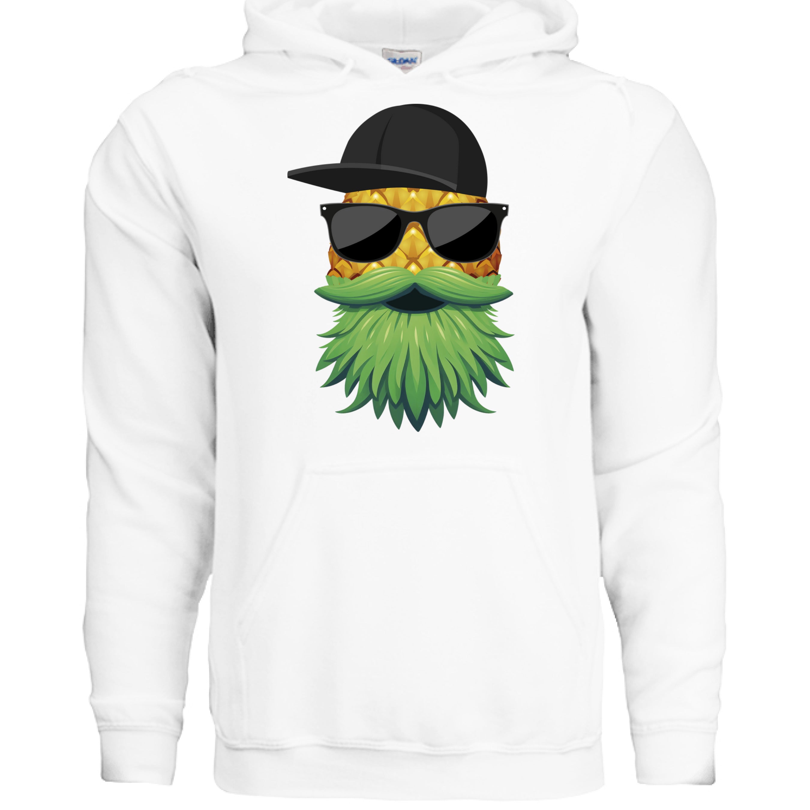 Upside Down Bearded Pineapple Hoodie featuring a cool pineapple with sunglasses and a beard design.