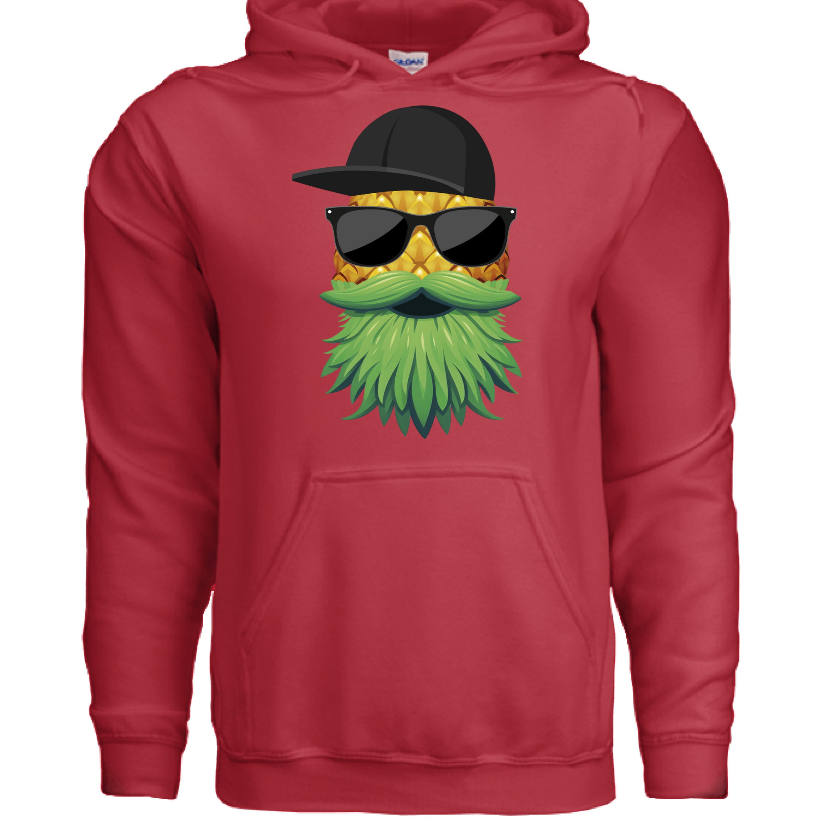 Upside Down Bearded Pineapple Hoodie with sunglasses and a hat, vibrant red color, fun and stylish design.