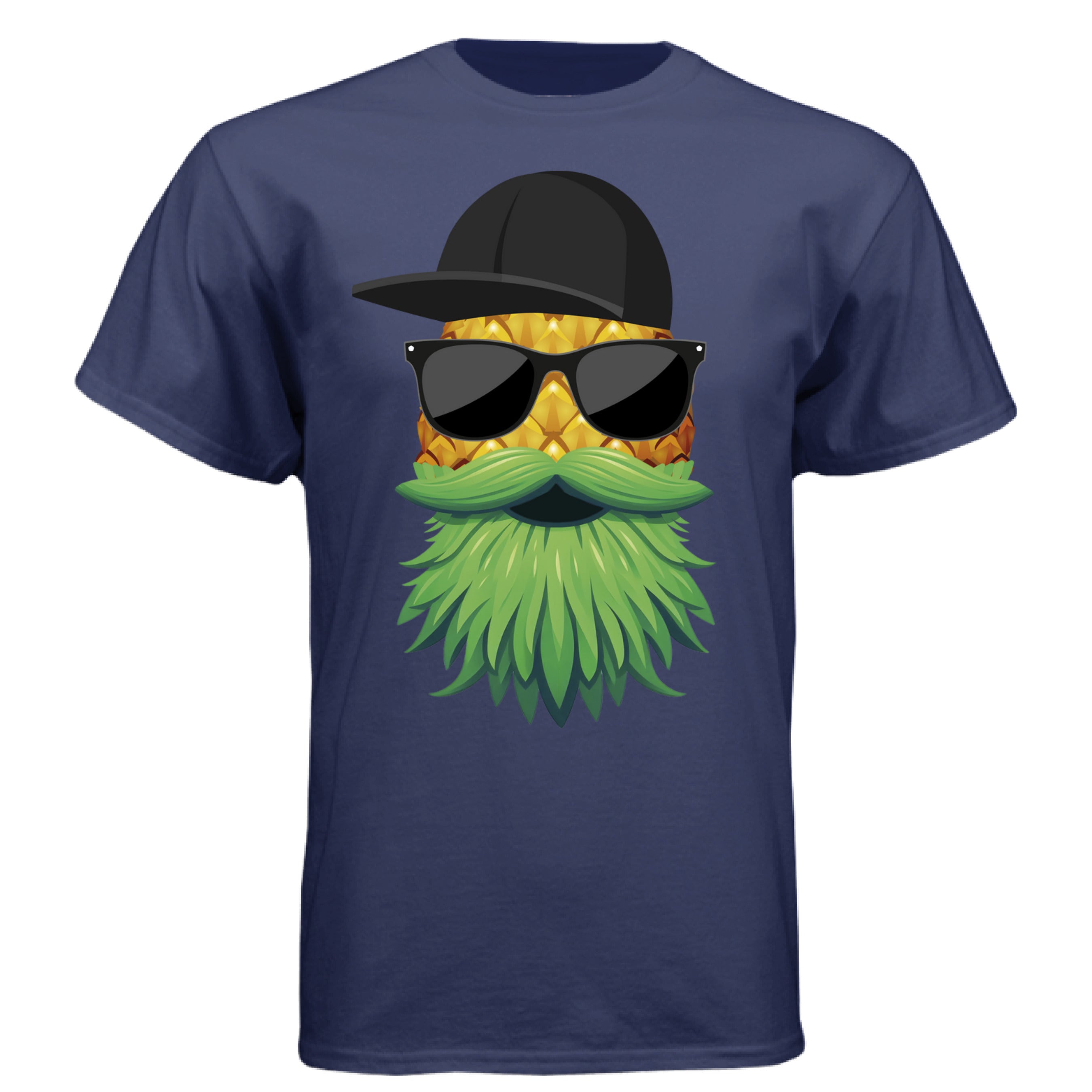Bearded pineapple tee shirt featuring a cool pineapple character with a leafy beard and sunglasses.