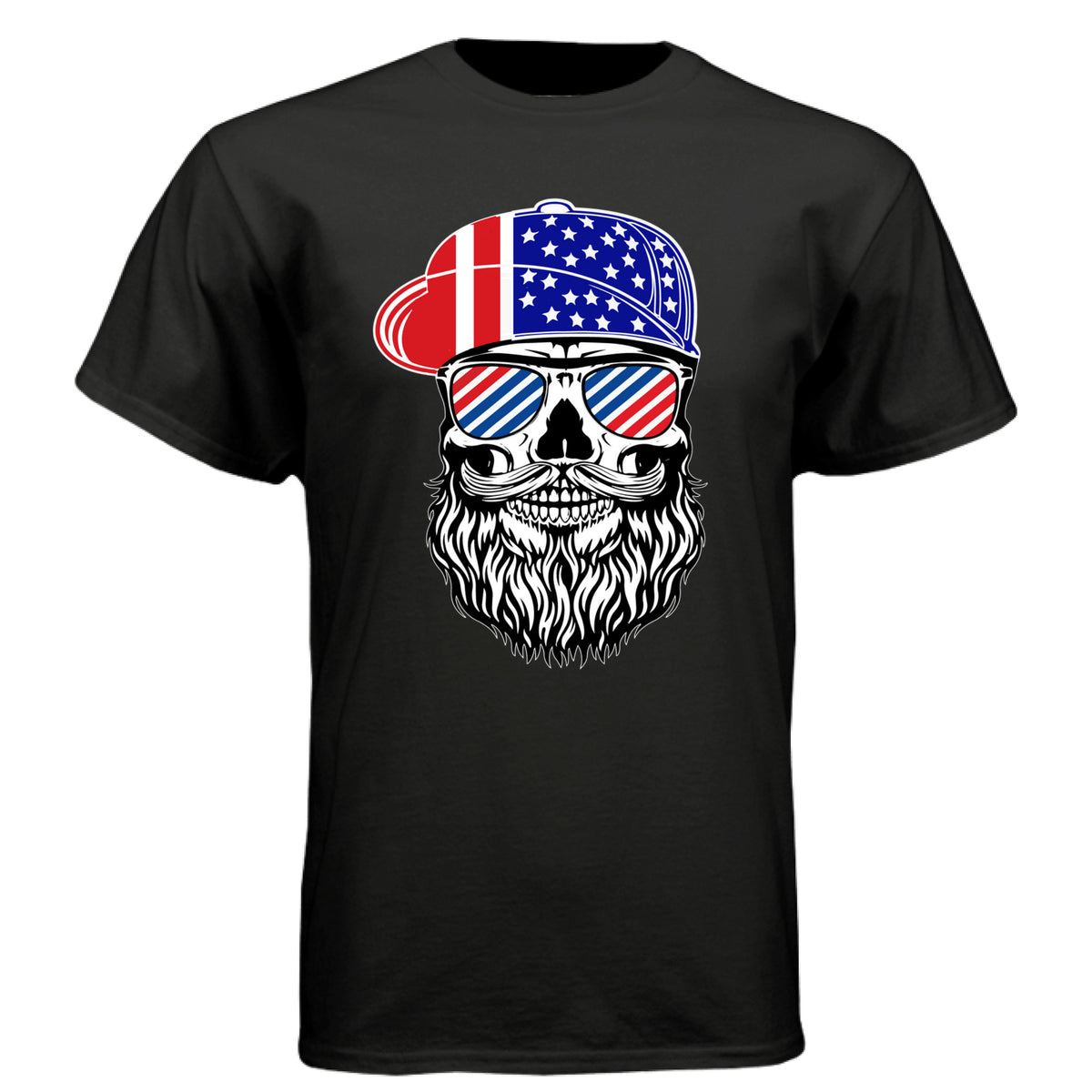 USA Bearded Skull Patriot Hanes Tee Shirt Great For 4th of July BLACK - FRONT