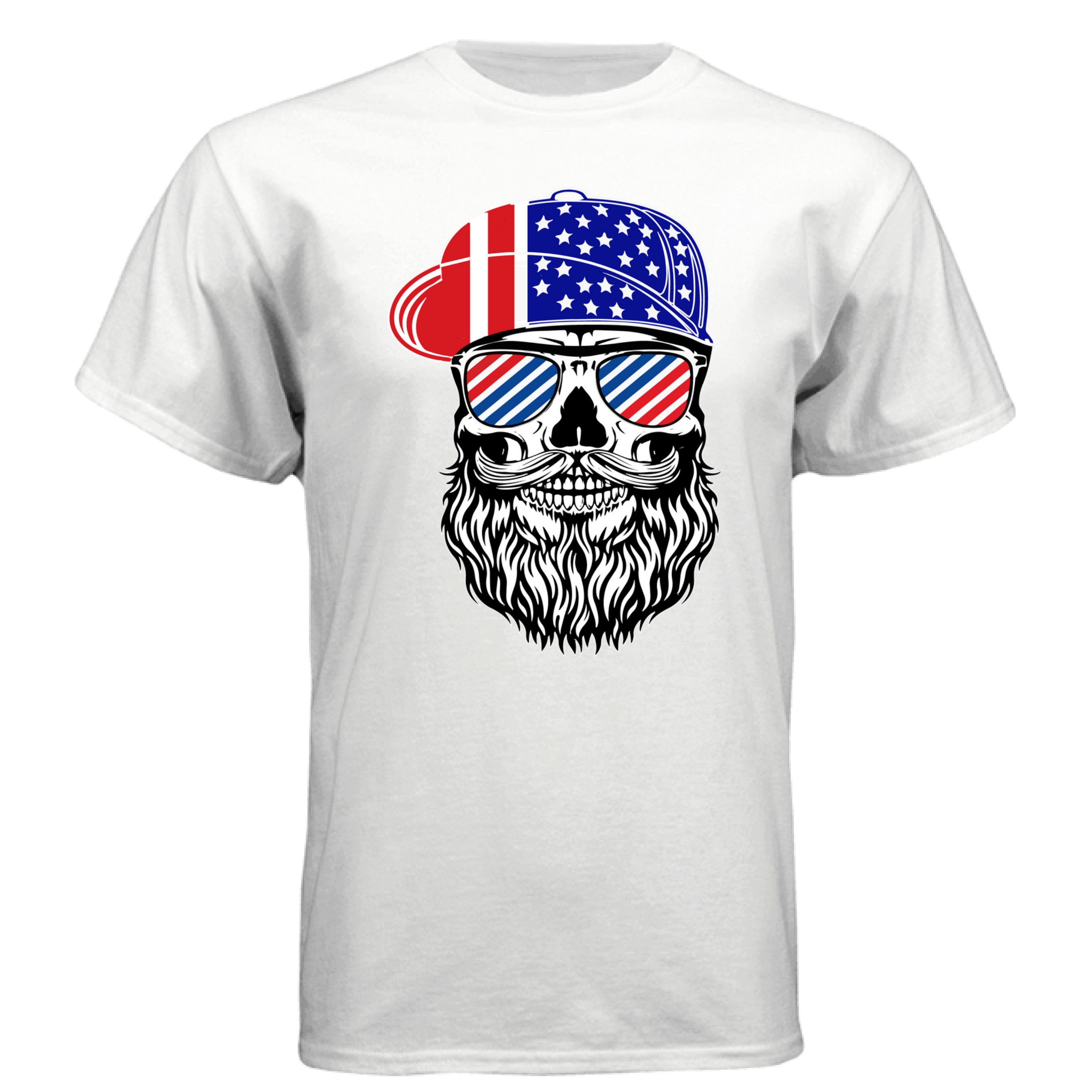 USA Bearded Skull Patriot Hanes Tee Shirt Great For 4th of July WHITE - FRONT