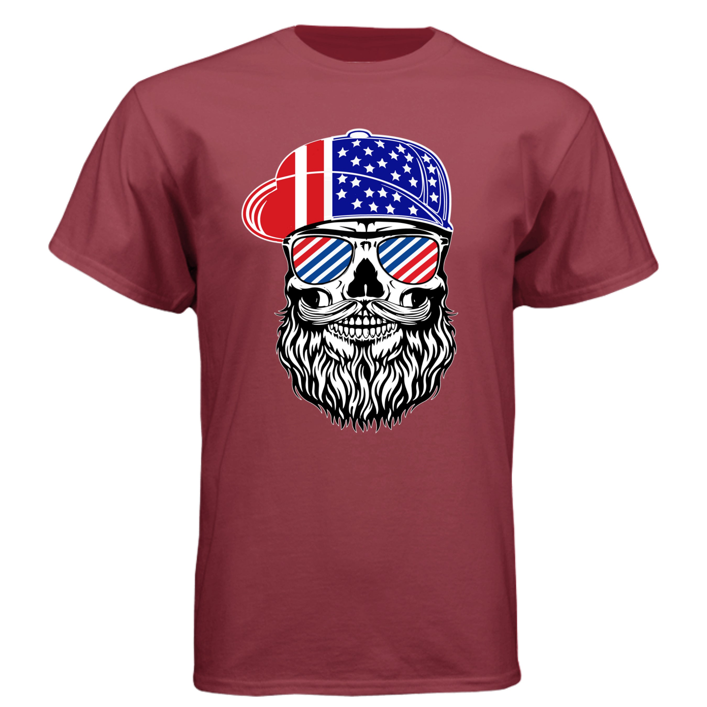 USA Bearded Skull Patriot Hanes Tee Shirt Great For 4th of July Athletic Cardinal - FRONT