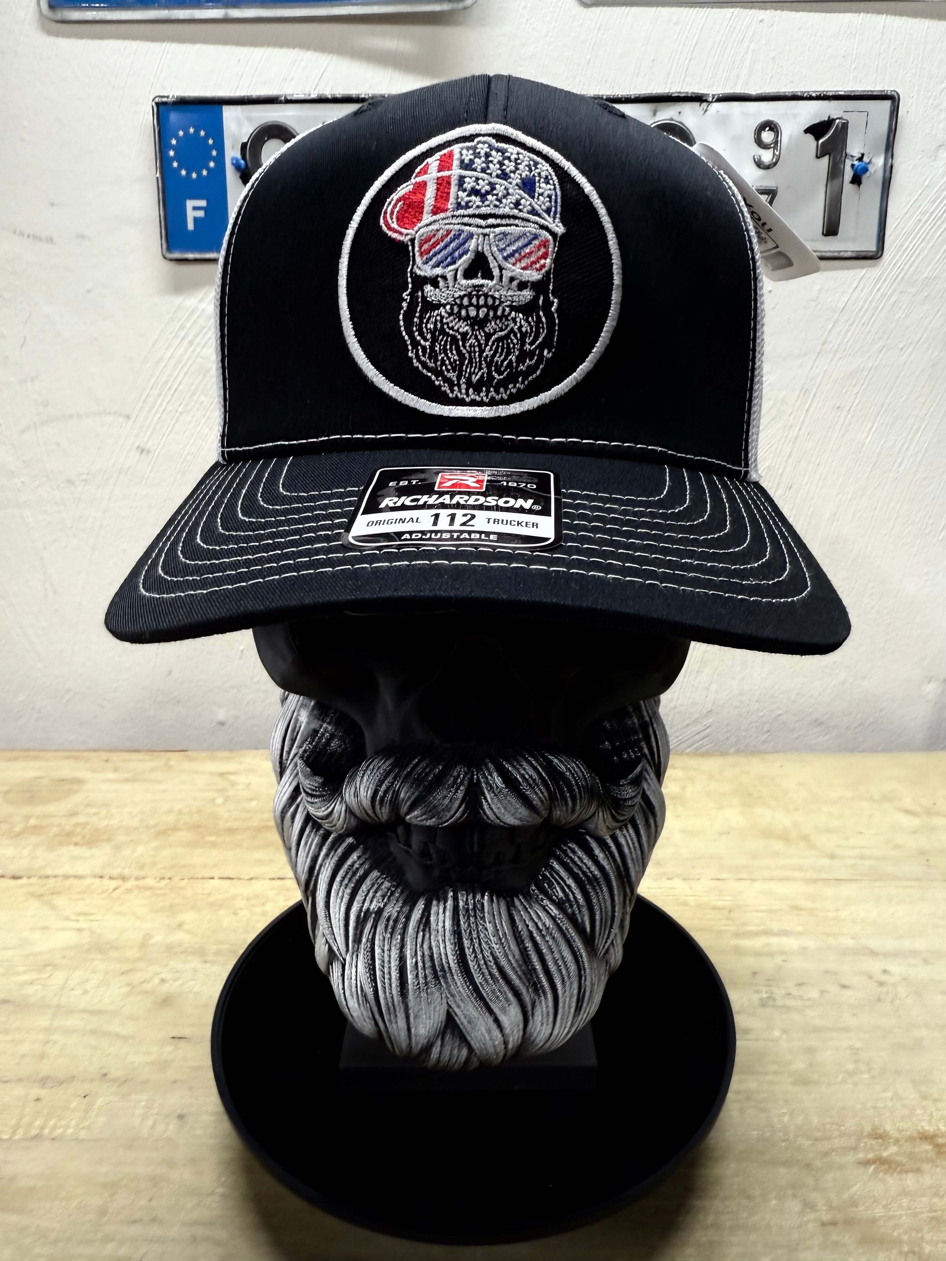 USA Bearded Skull Patriot Patch On Trucker Hat Front