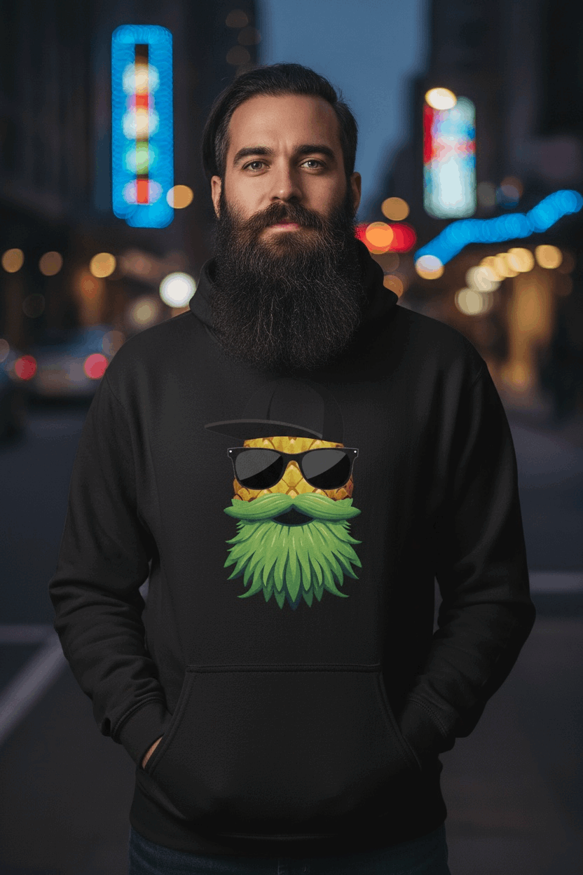 Man wearing Upside Down Bearded Pineapple Hoodie with sunglasses, in a vibrant city street setting at night.