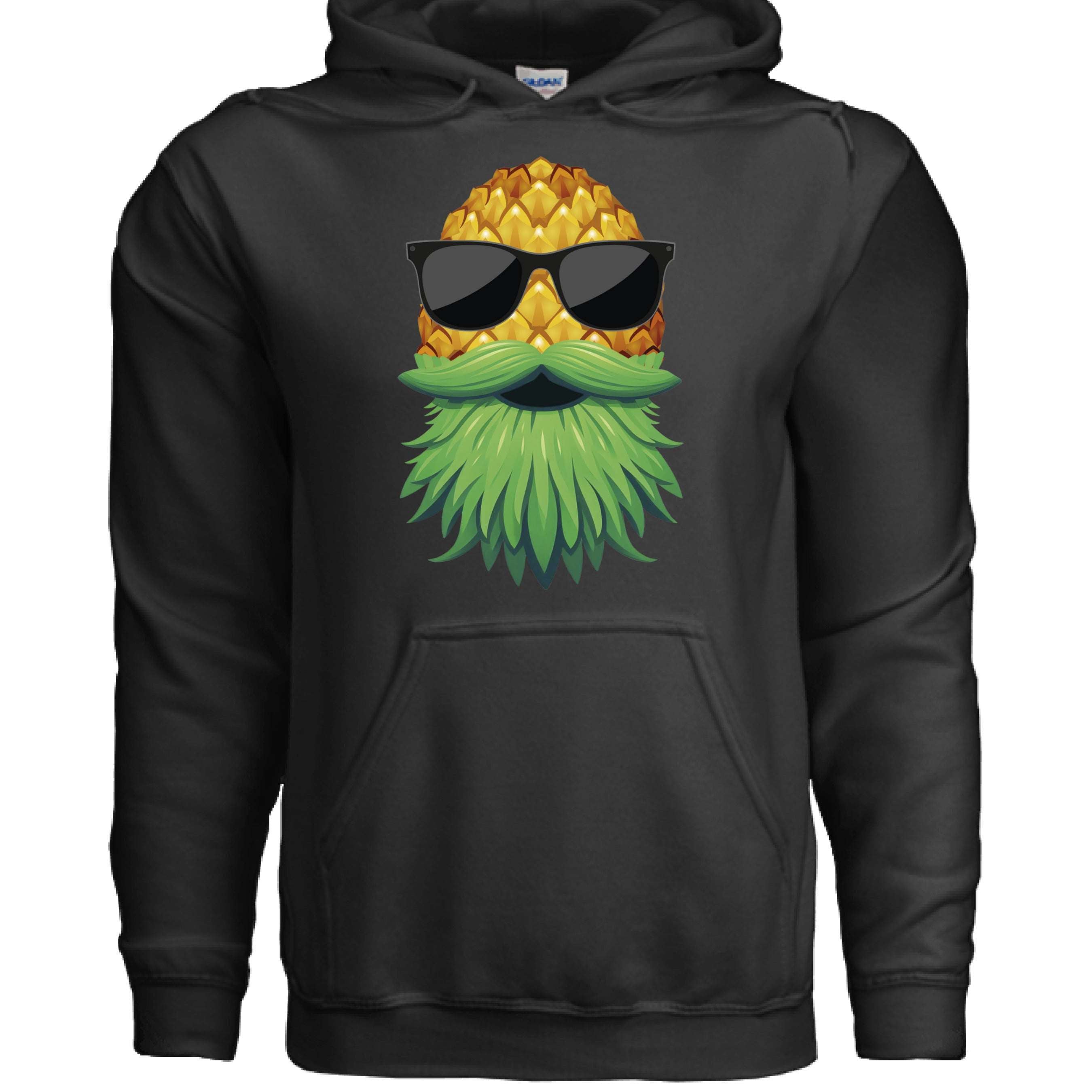 Upside Down Bearded Pineapple hoodie featuring a cool pineapple with sunglasses and a green beard.