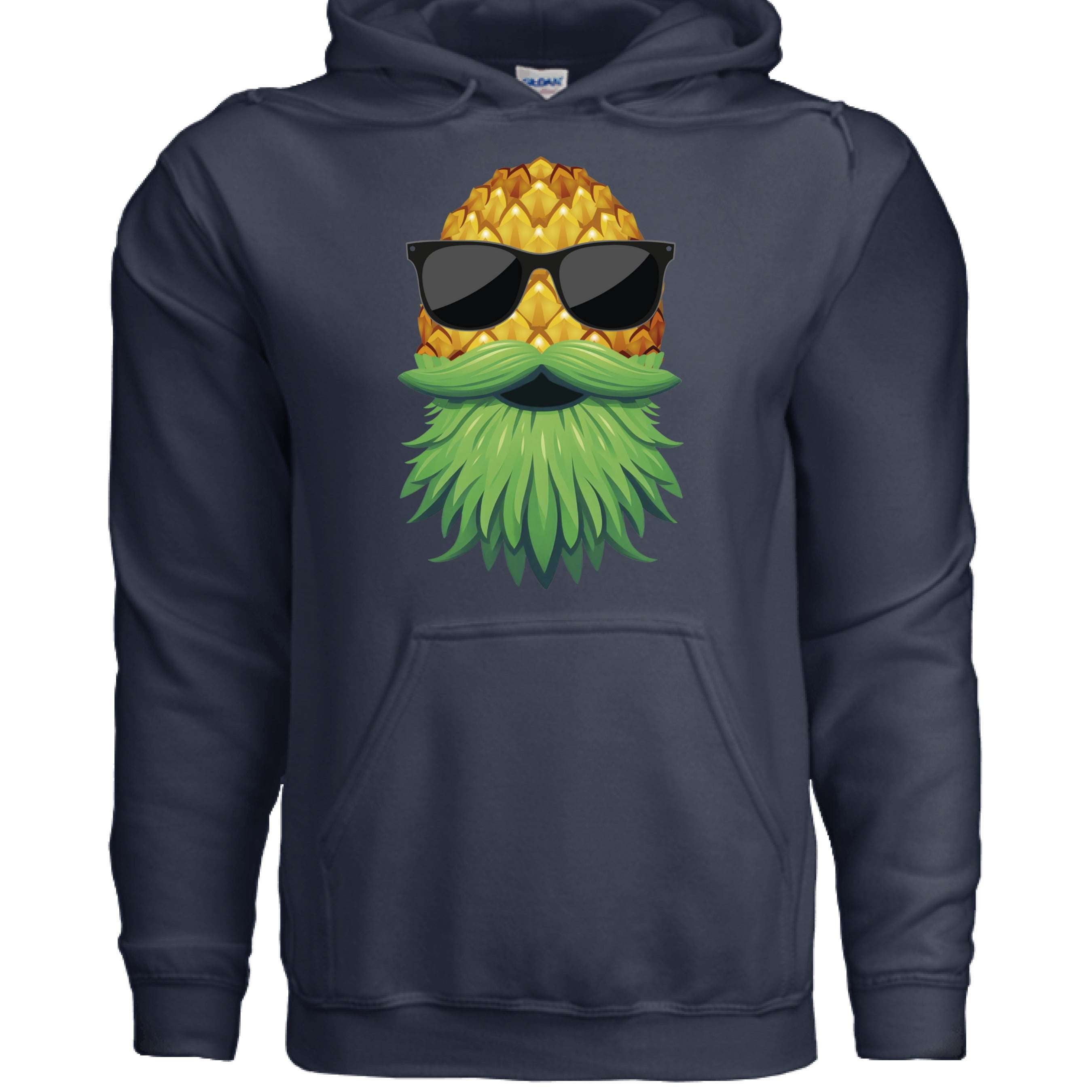 Upside Down Bearded Pineapple hoodie featuring a pineapple wearing sunglasses and a green beard.