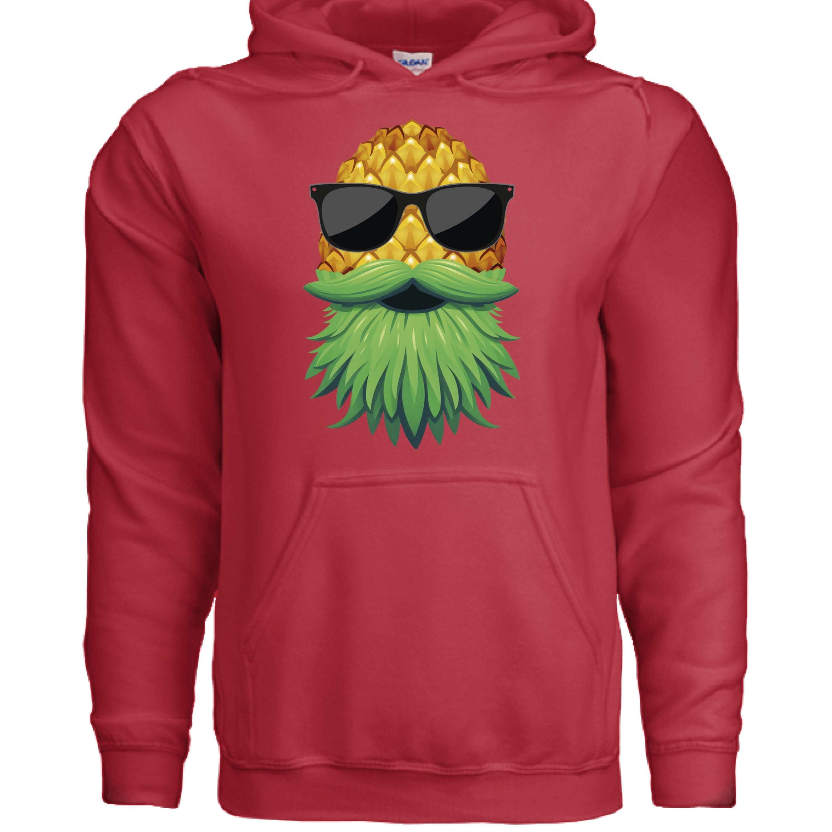 Upside Down Bearded Pineapple hoodie featuring a pineapple with sunglasses and a green beard on a red background.
