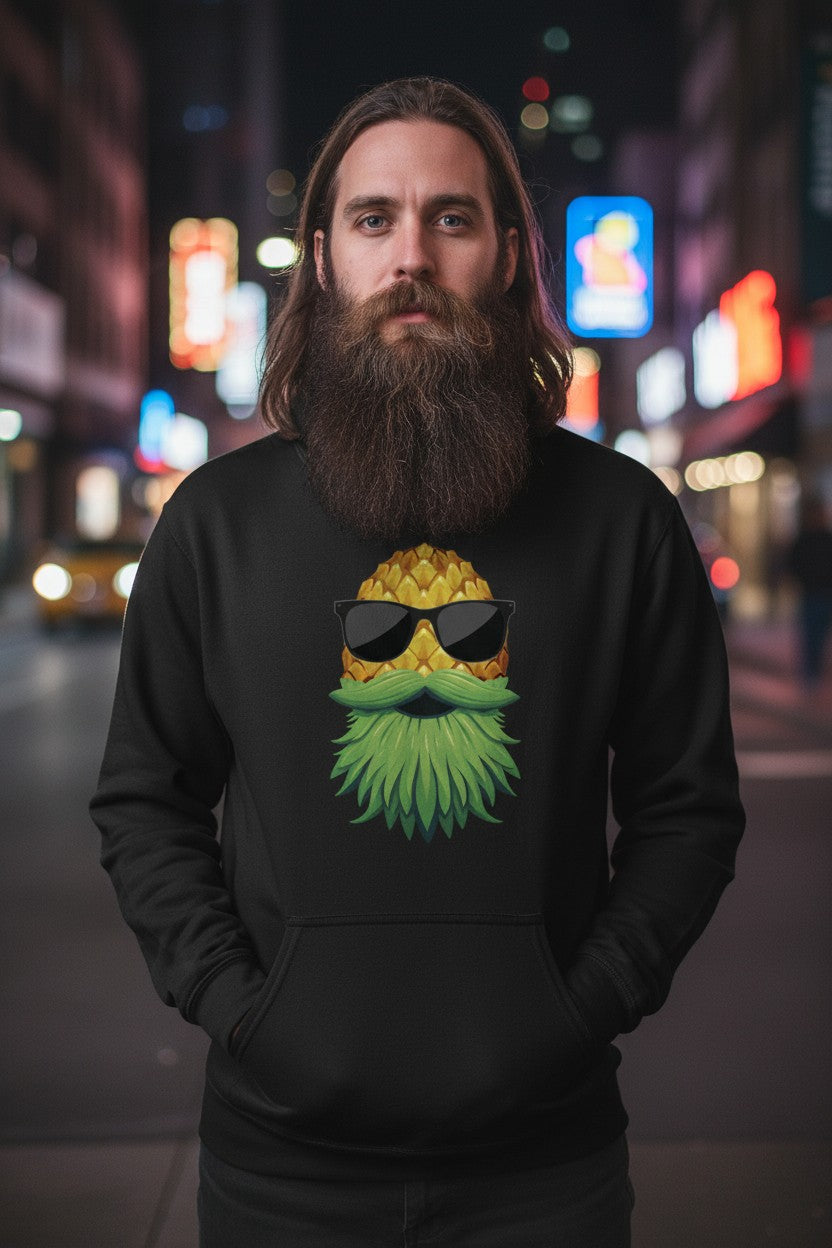 Man wearing an Upside Down Bearded Pineapple hoodie in a city at night with vibrant neon lights.