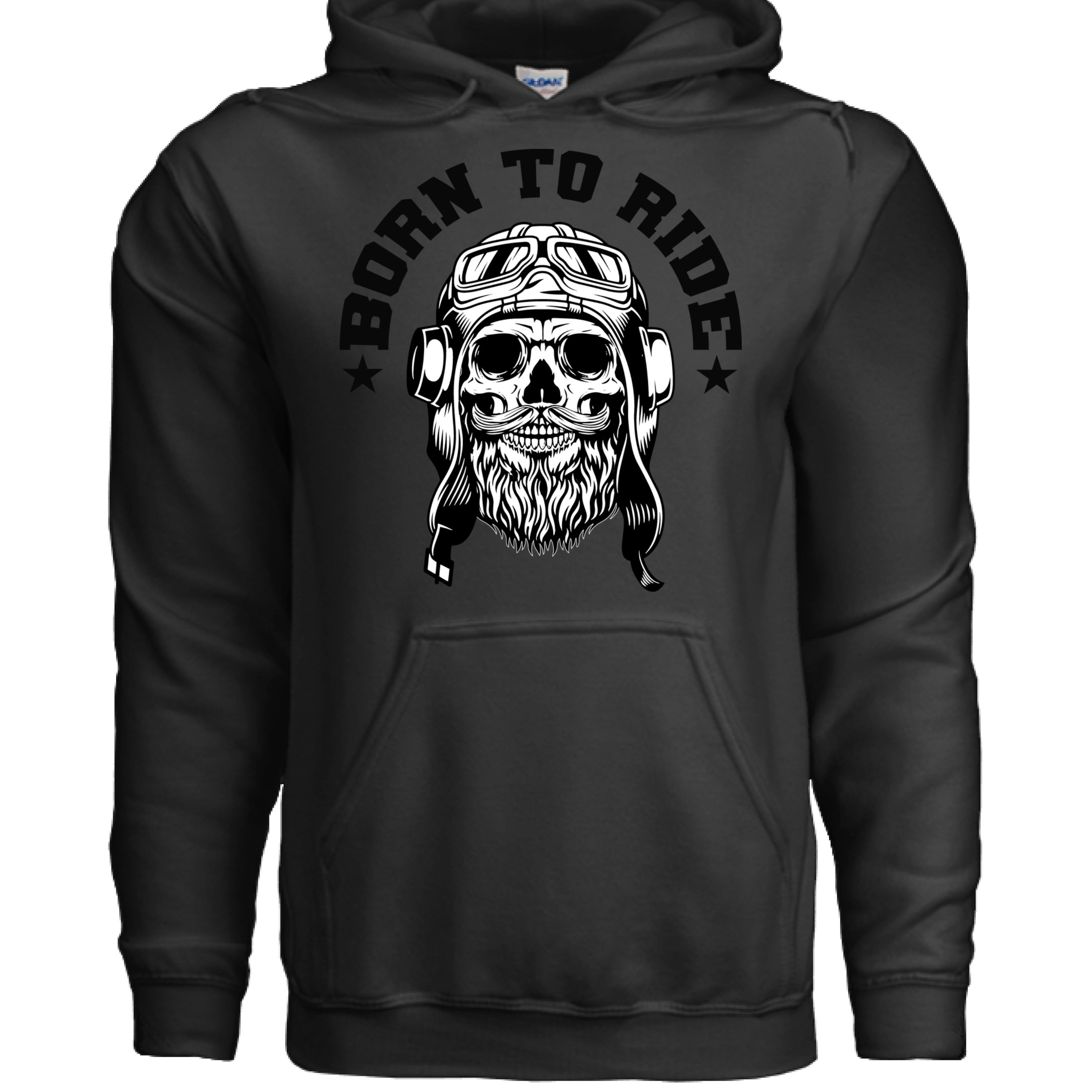 Vintage Skull Rider Hoodie Bearded Biker Art with Helmet & Goggles BLACK - FRONT
