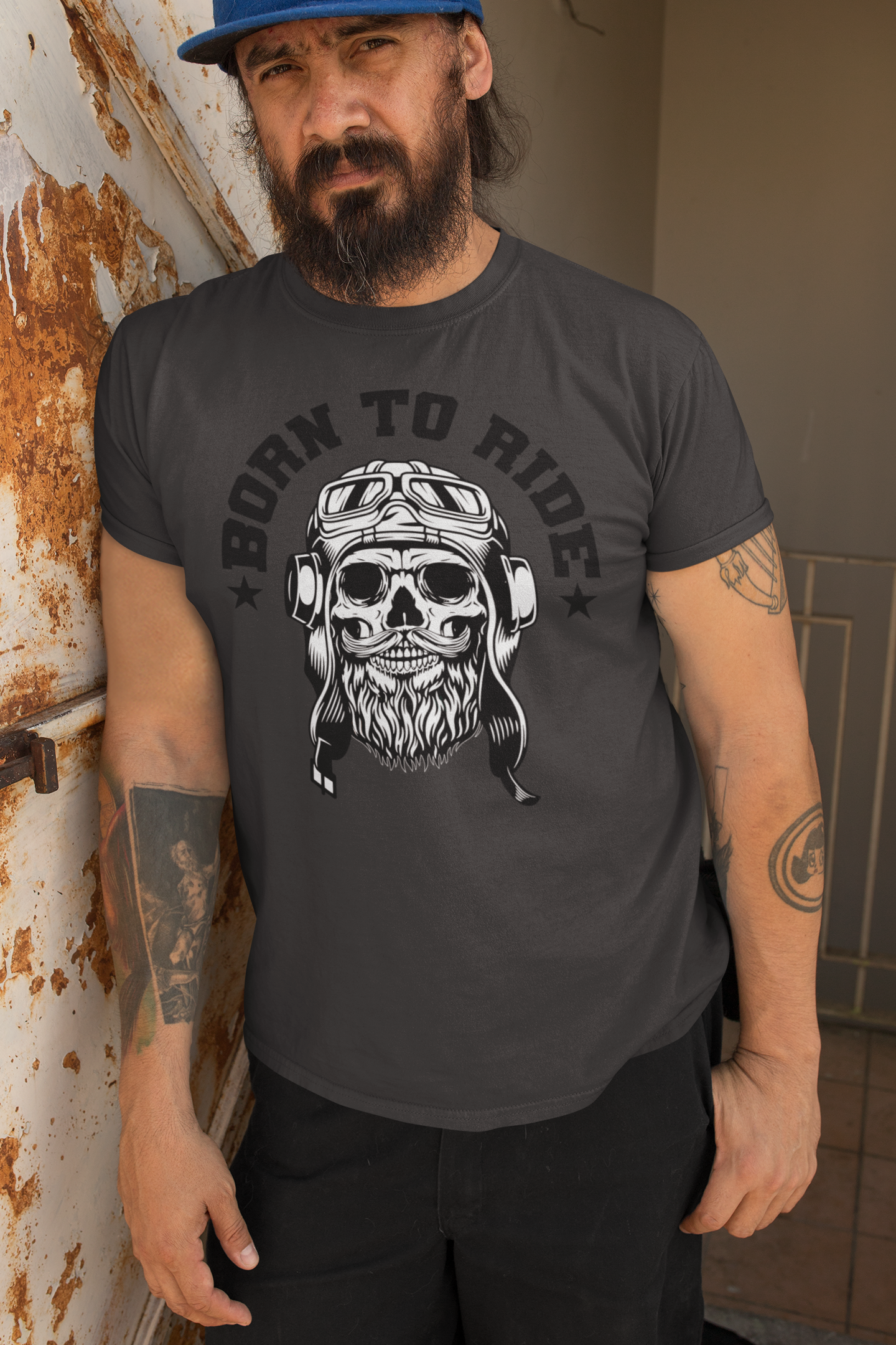 Vintage Skull Rider Tee Shirt Bearded Biker Art with Helmet & Goggles