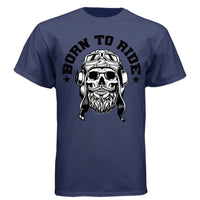 Vintage Skull Rider Tee Shirt Bearded Biker Art with Helmet & Goggles NAVY - FRONT