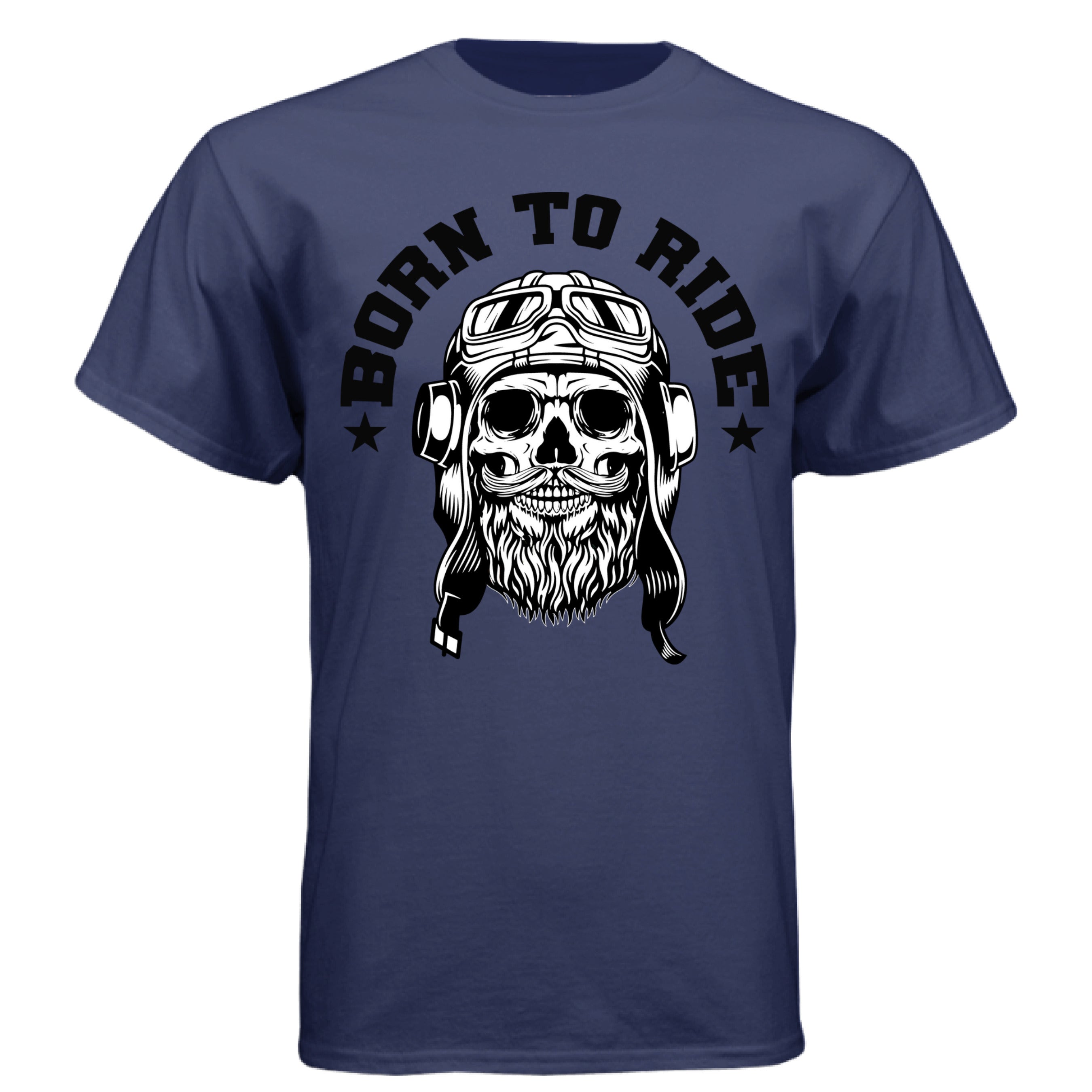 Vintage Skull Rider Tee Shirt Bearded Biker Art with Helmet & Goggles NAVY - FRONT