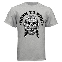 Vintage Skull Rider Tee Shirt Bearded Biker Art with Helmet & Goggles LIGHT STEEL - FRONT