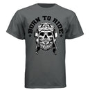 Vintage Skull Rider Tee Shirt Bearded Biker Art with Helmet & Goggles CHARCOAL HEATHER - FRONT