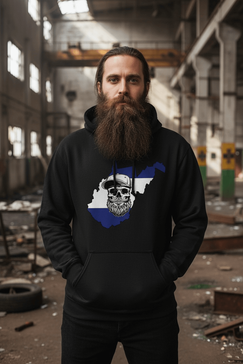 West Virginia Bearded Skull Appalachian Grit Hoodie front view,  West Virginia Bearded Skull Appalachian Grit Hoodie graphic detail,  West Virginia Bearded Skull, Appalachian Grit Hoodie back view,  Appalachian Grit Bearded Skull Hoodie West Virginia design