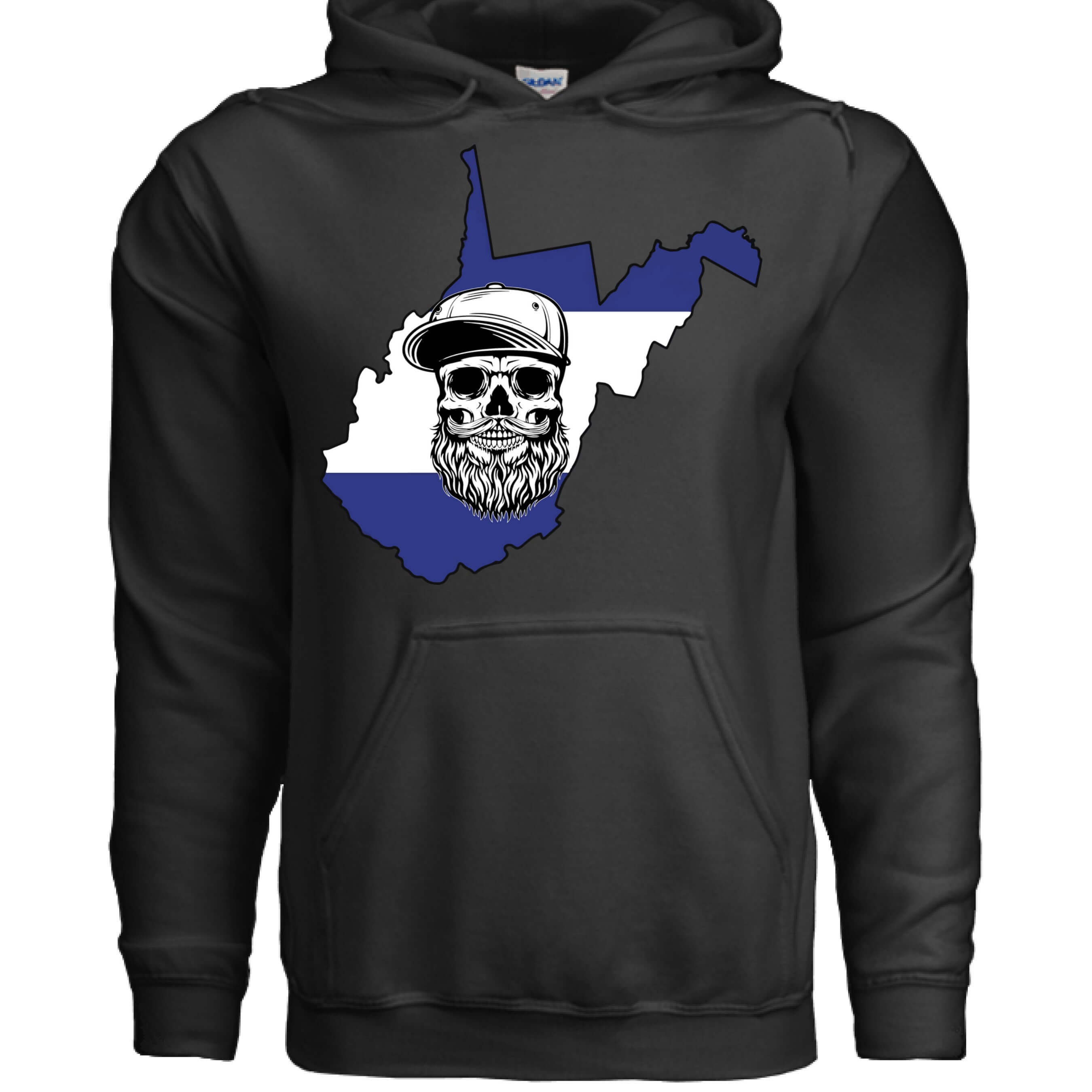 West Virginia Bearded Skull Appalachian Grit Hoodie front view,  West Virginia Bearded Skull Appalachian Grit Hoodie graphic detail,  West Virginia Bearded Skull, Appalachian Grit Hoodie back view,  Appalachian Grit Bearded Skull Hoodie West Virginia design