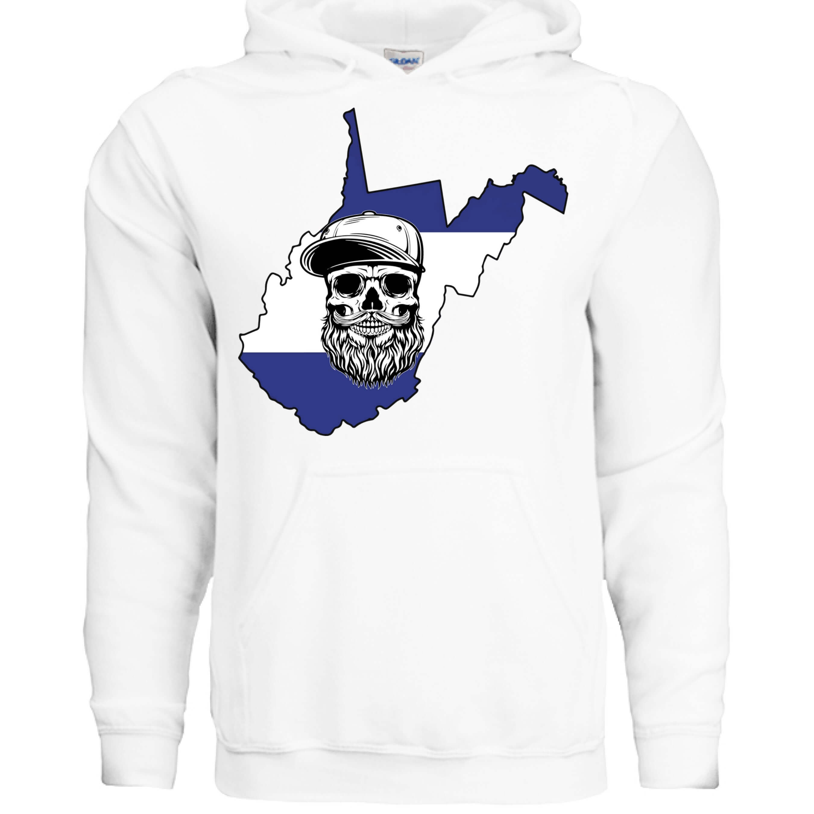 West Virginia Bearded Skull Appalachian Grit Hoodie front view,  West Virginia Bearded Skull Appalachian Grit Hoodie graphic detail,  West Virginia Bearded Skull, Appalachian Grit Hoodie back view,  Appalachian Grit Bearded Skull Hoodie West Virginia design