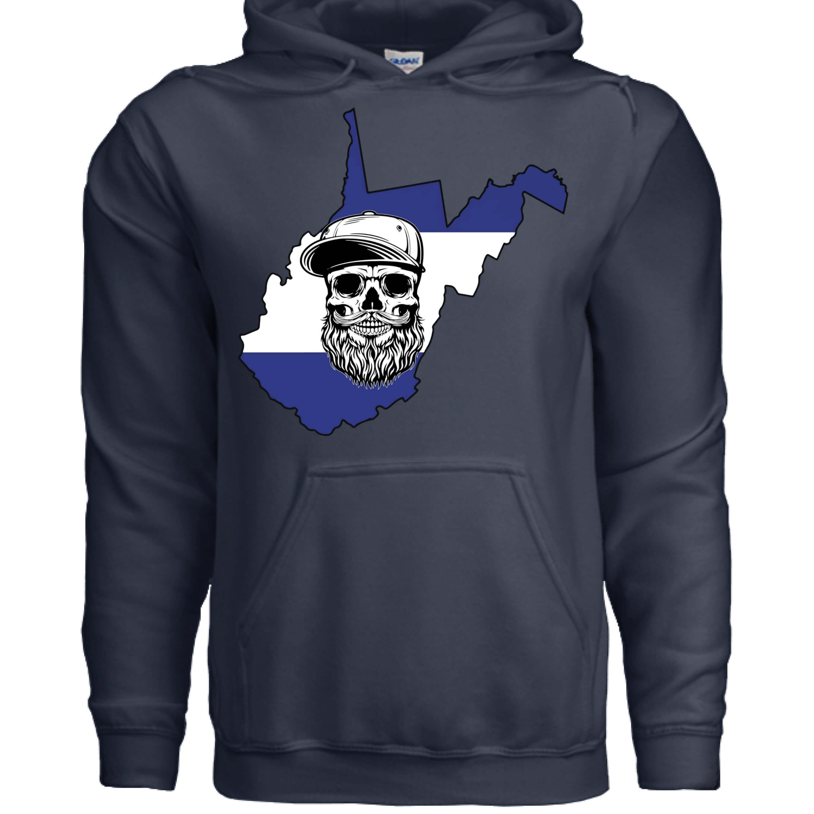 West Virginia Bearded Skull Appalachian Grit Hoodie front view,  West Virginia Bearded Skull Appalachian Grit Hoodie graphic detail,  West Virginia Bearded Skull, Appalachian Grit Hoodie back view,  Appalachian Grit Bearded Skull Hoodie West Virginia design