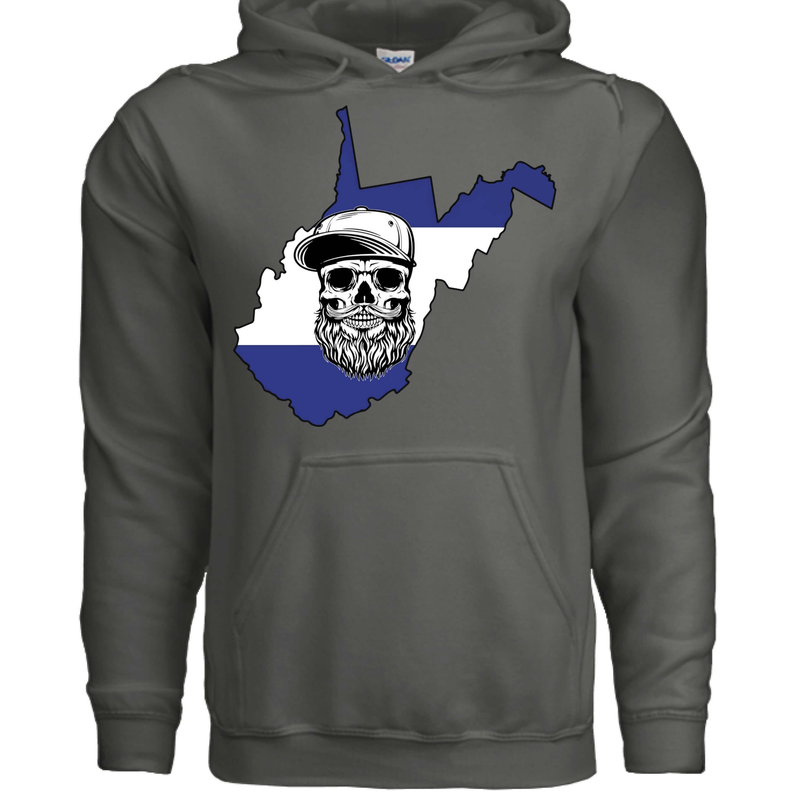 West Virginia Bearded Skull Appalachian Grit Hoodie front view,  West Virginia Bearded Skull Appalachian Grit Hoodie graphic detail,  West Virginia Bearded Skull, Appalachian Grit Hoodie back view,  Appalachian Grit Bearded Skull Hoodie West Virginia design