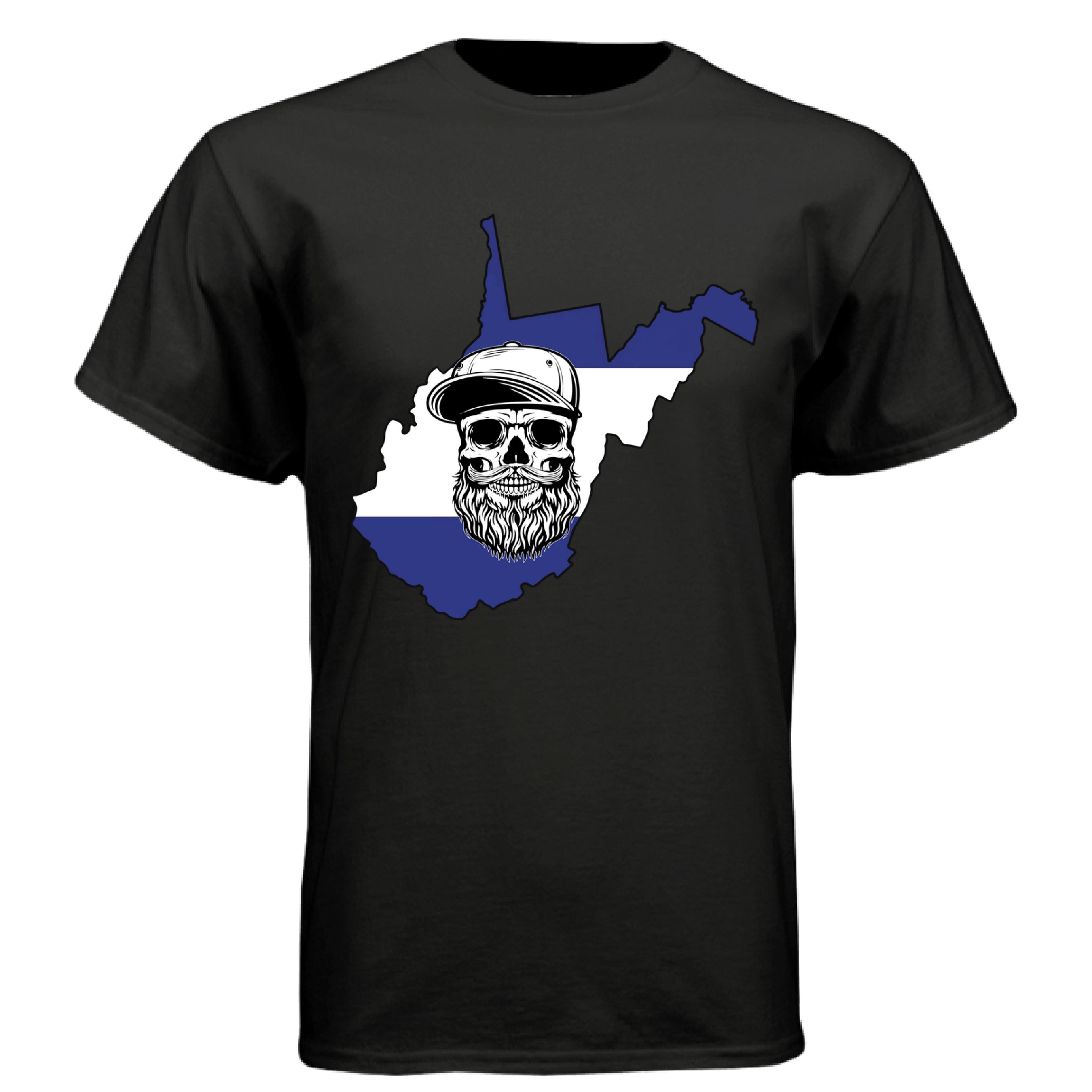 West Virginia Bearded Skull– Blue & White Striped State Outline
BLACK - FRONT