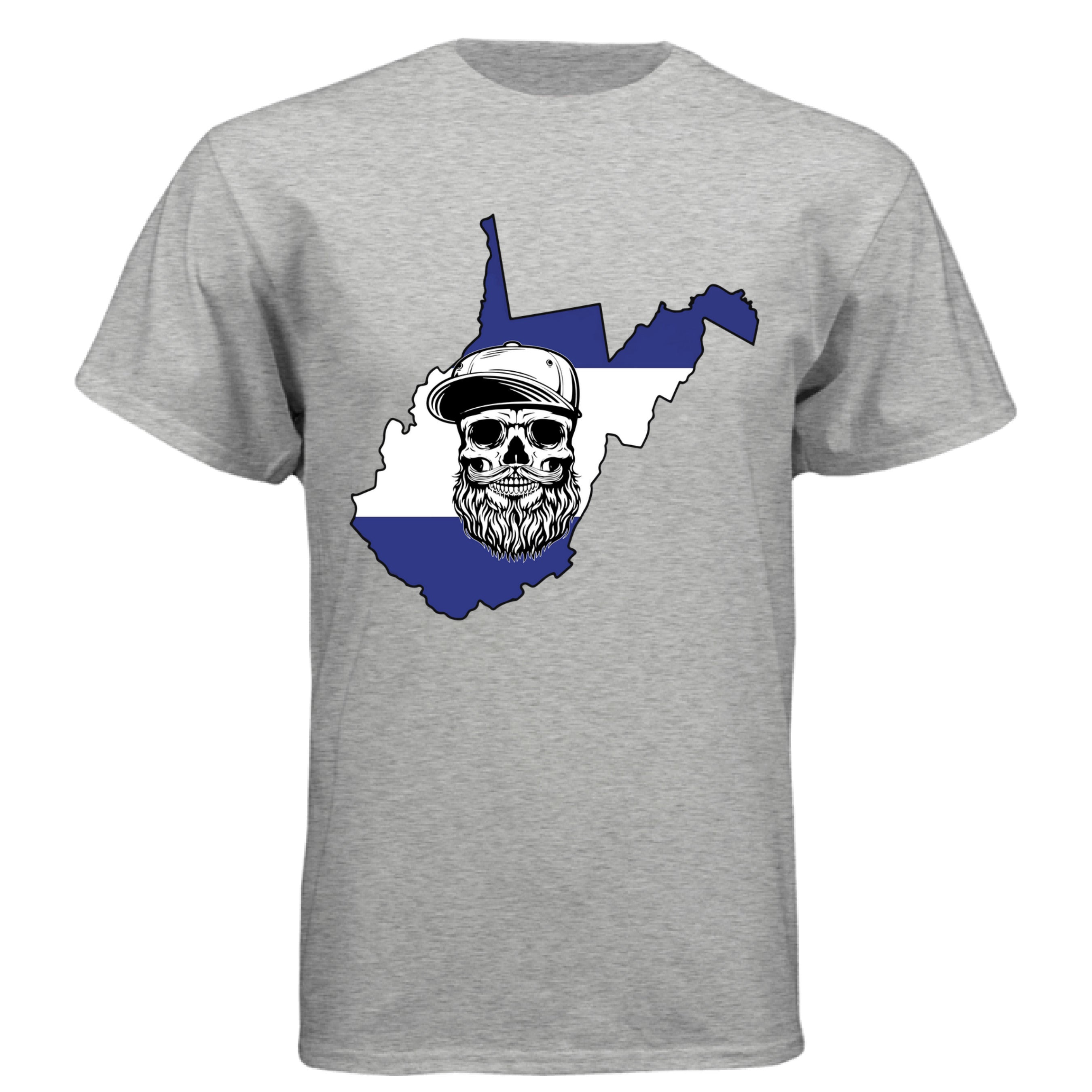 West Virginia Bearded Skull– Blue & White Striped State Outline 
LIGHT STEEL - FRONT