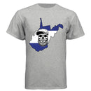 West Virginia Bearded Skull– Blue & White Striped State Outline 
LIGHT STEEL - FRONT