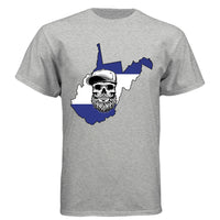 West Virginia Bearded Skull– Blue & White Striped State Outline 
LIGHT STEEL - FRONT