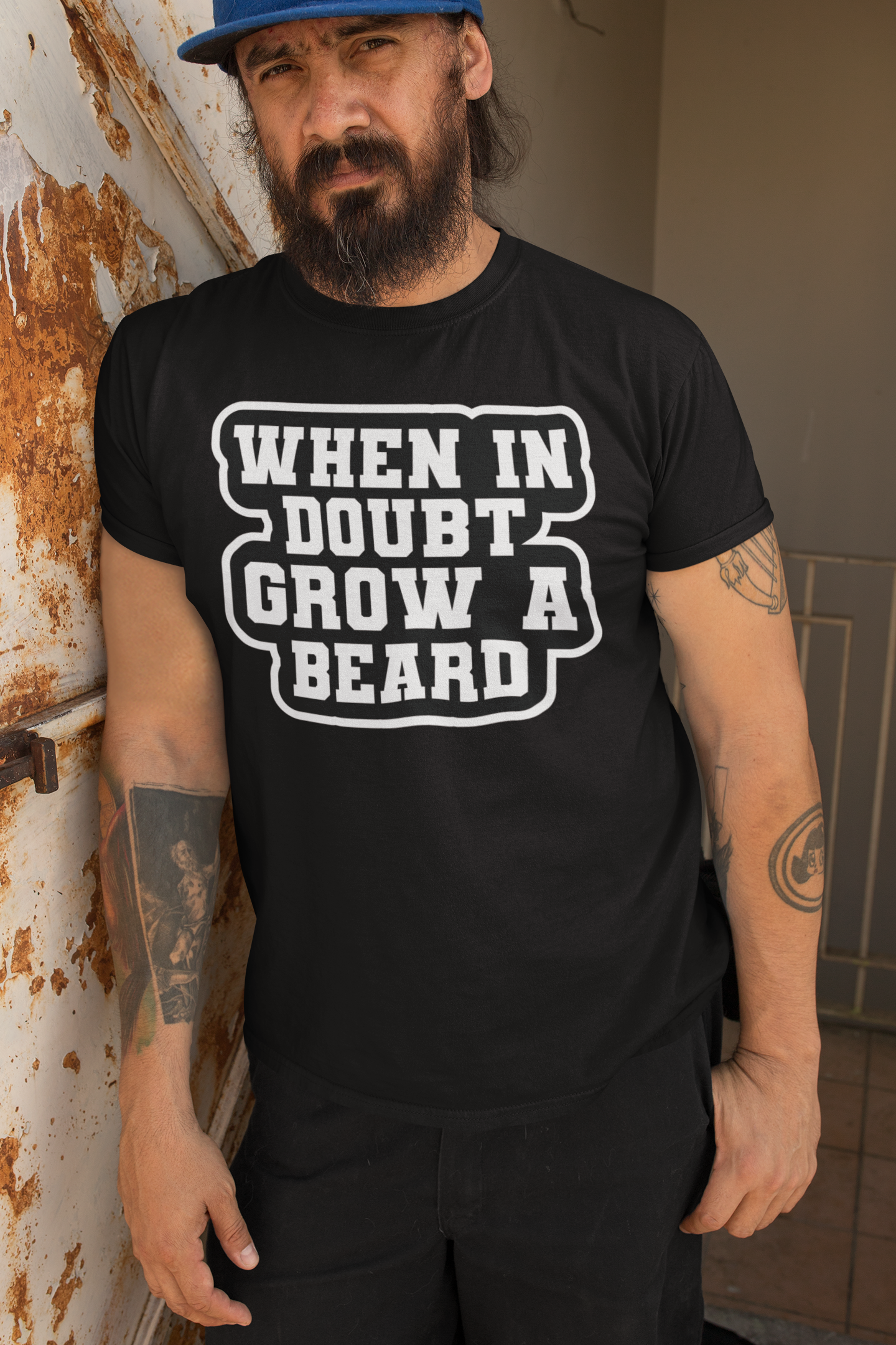 When in Doubt Grow a Beard Bold Graphic Tee Shirt with Bearded Humorous Edge