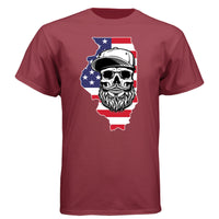 Illinois Bearded Skull Tee Shirt – Midwest Grit, Bearded Power Athletic Cardinal - FRONT