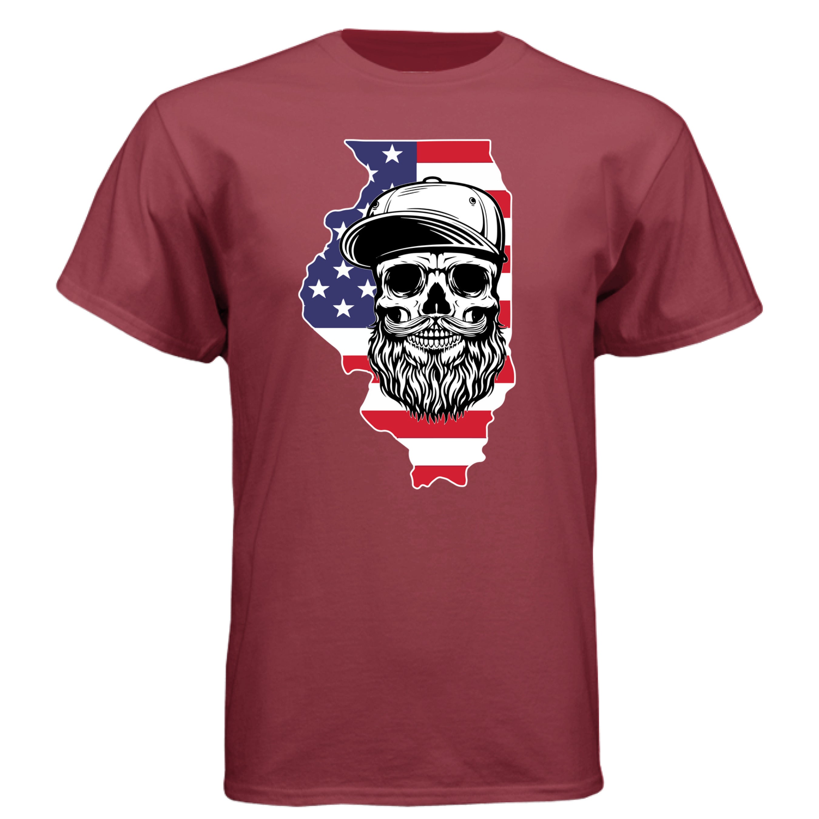 Illinois Bearded Skull Tee Shirt – Midwest Grit, Bearded Power Athletic Cardinal - FRONT