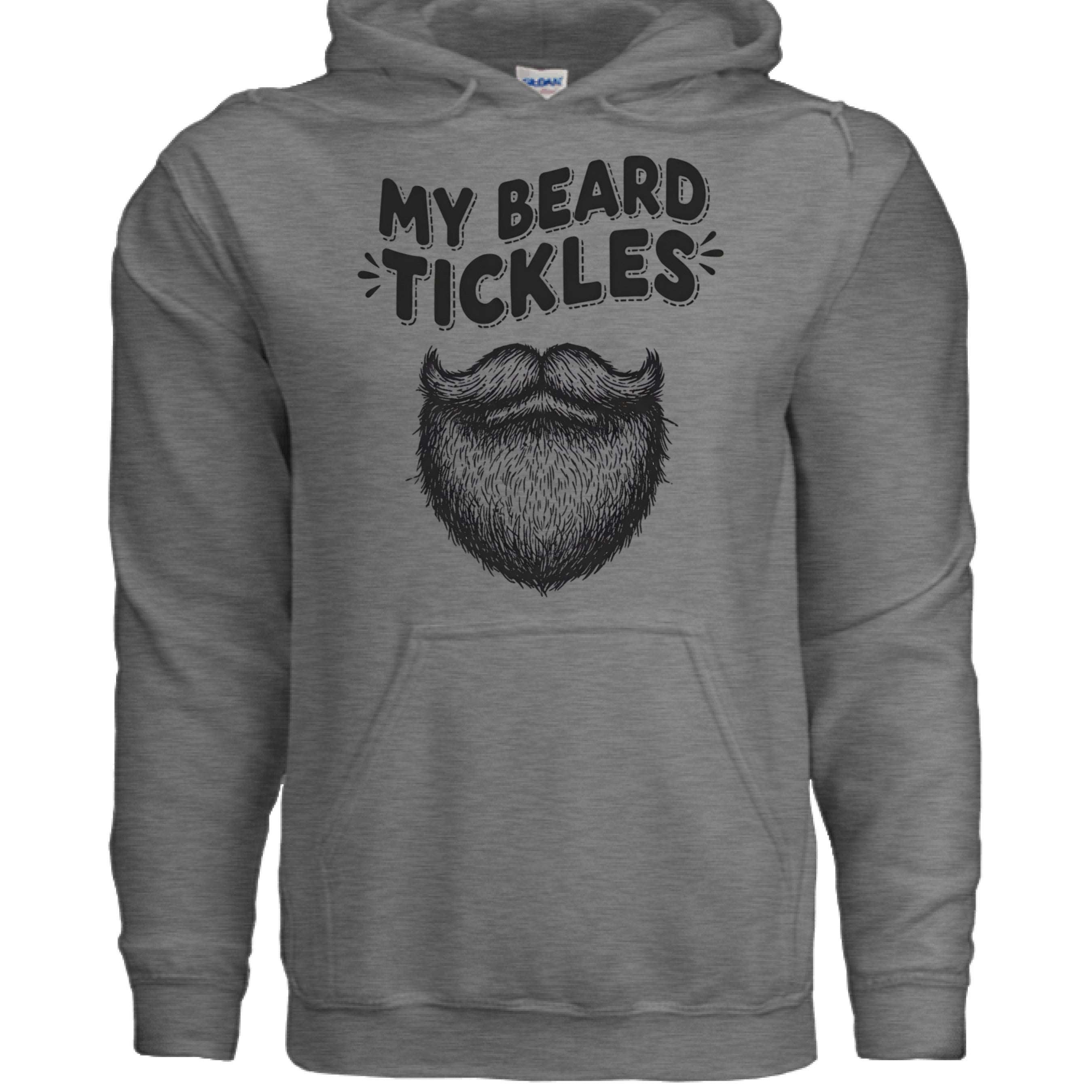My Beard Tickles Bearded Playful Hoodie Beard Humor front view,  My Beard Tickles Bearded Playful Hoodie Beard Humor graphic detail,  My Beard Tickles Bearded Playful Hoodie side angle , Playful beard humor hoodie close up