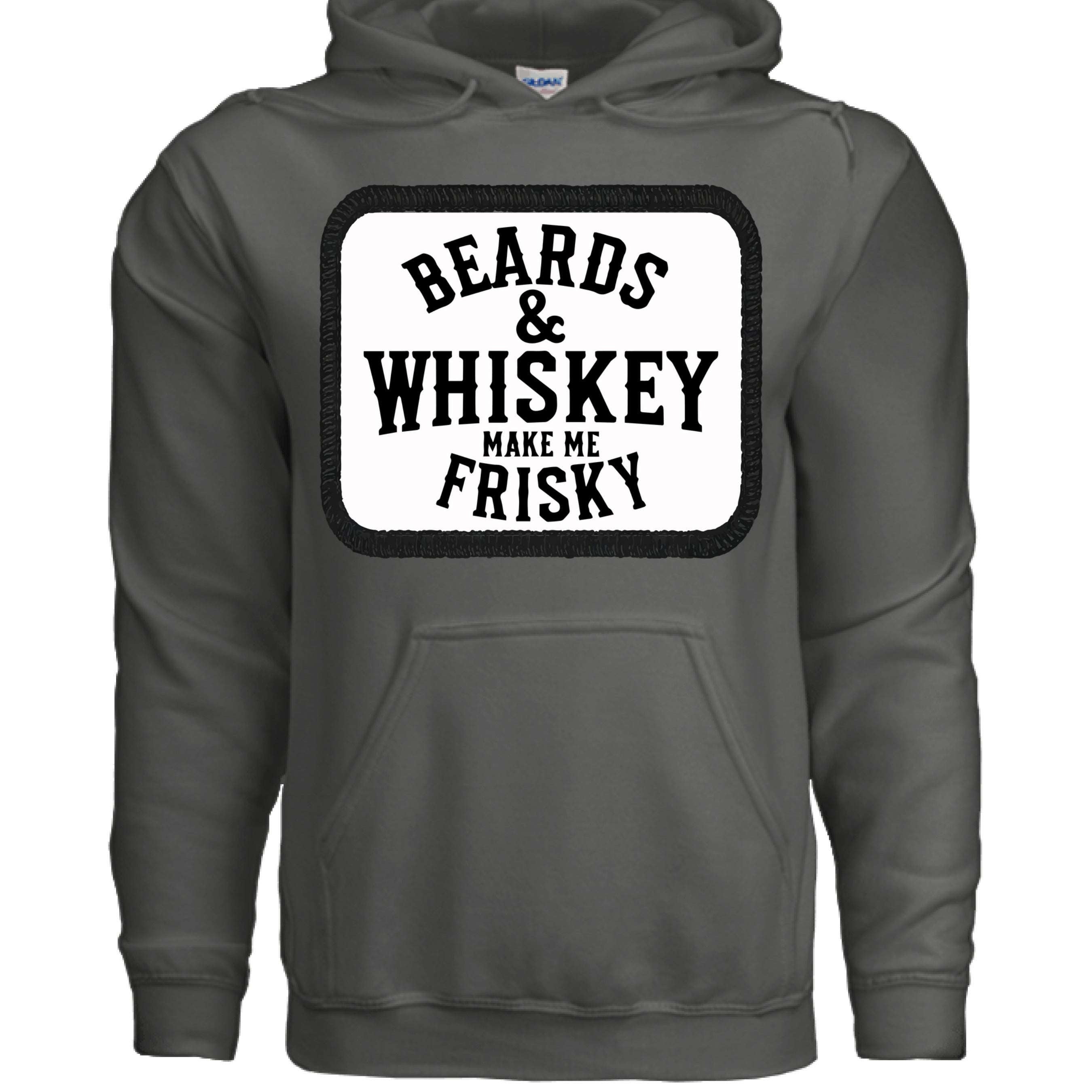 Beards & Whiskey Make Me Frisky Vintage Humor Hoodie front view , Beards & Whiskey Make Me Frisky Vintage Humor Hoodie graphic detail  ,Beards & Whiskey Make Me Frisky Vintage Humor Hoodie side angle,  Vintage humor beard whiskey hoodie close up
