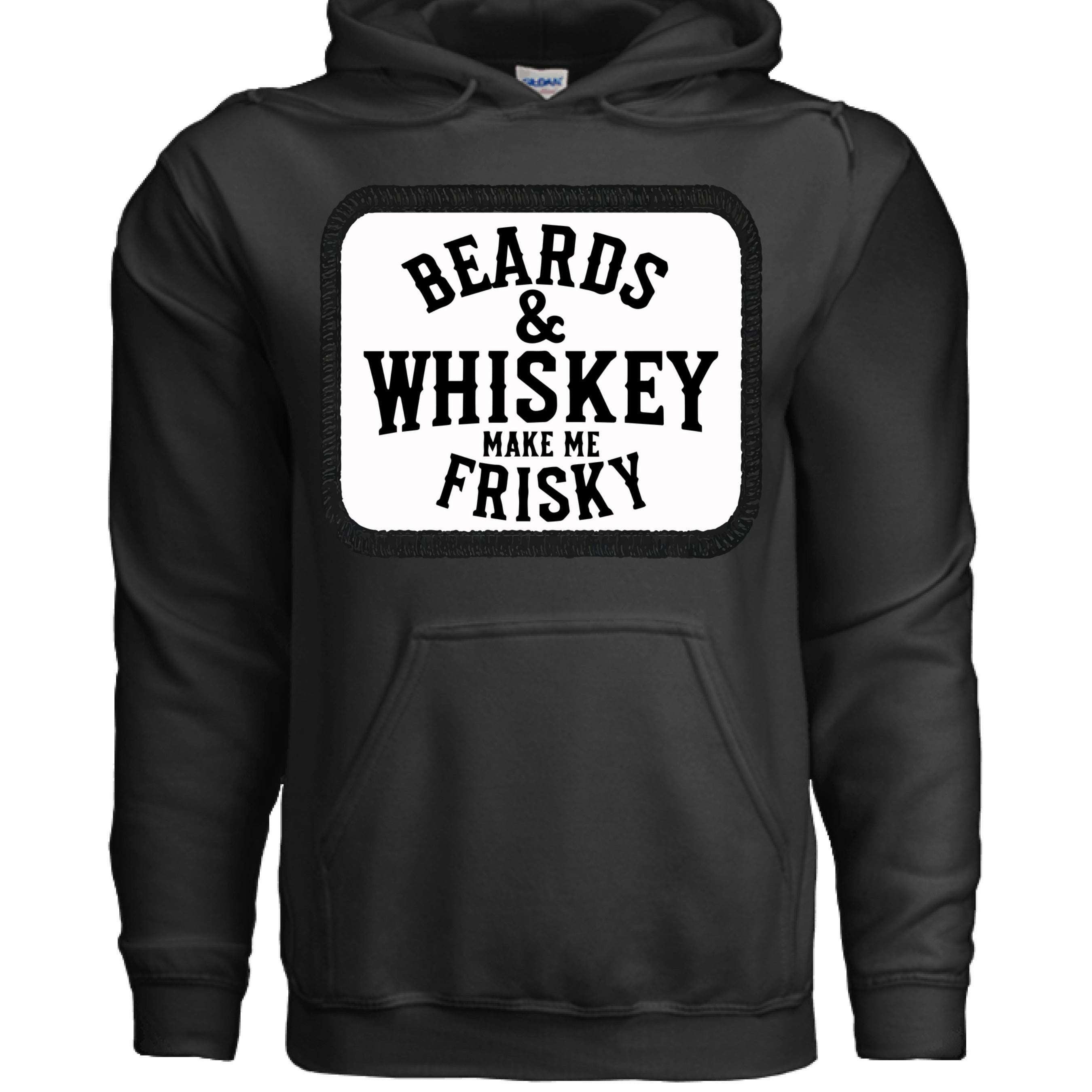 Beards & Whiskey Make Me Frisky Vintage Humor Hoodie front view , Beards & Whiskey Make Me Frisky Vintage Humor Hoodie graphic detail  ,Beards & Whiskey Make Me Frisky Vintage Humor Hoodie side angle,  Vintage humor beard whiskey hoodie close up