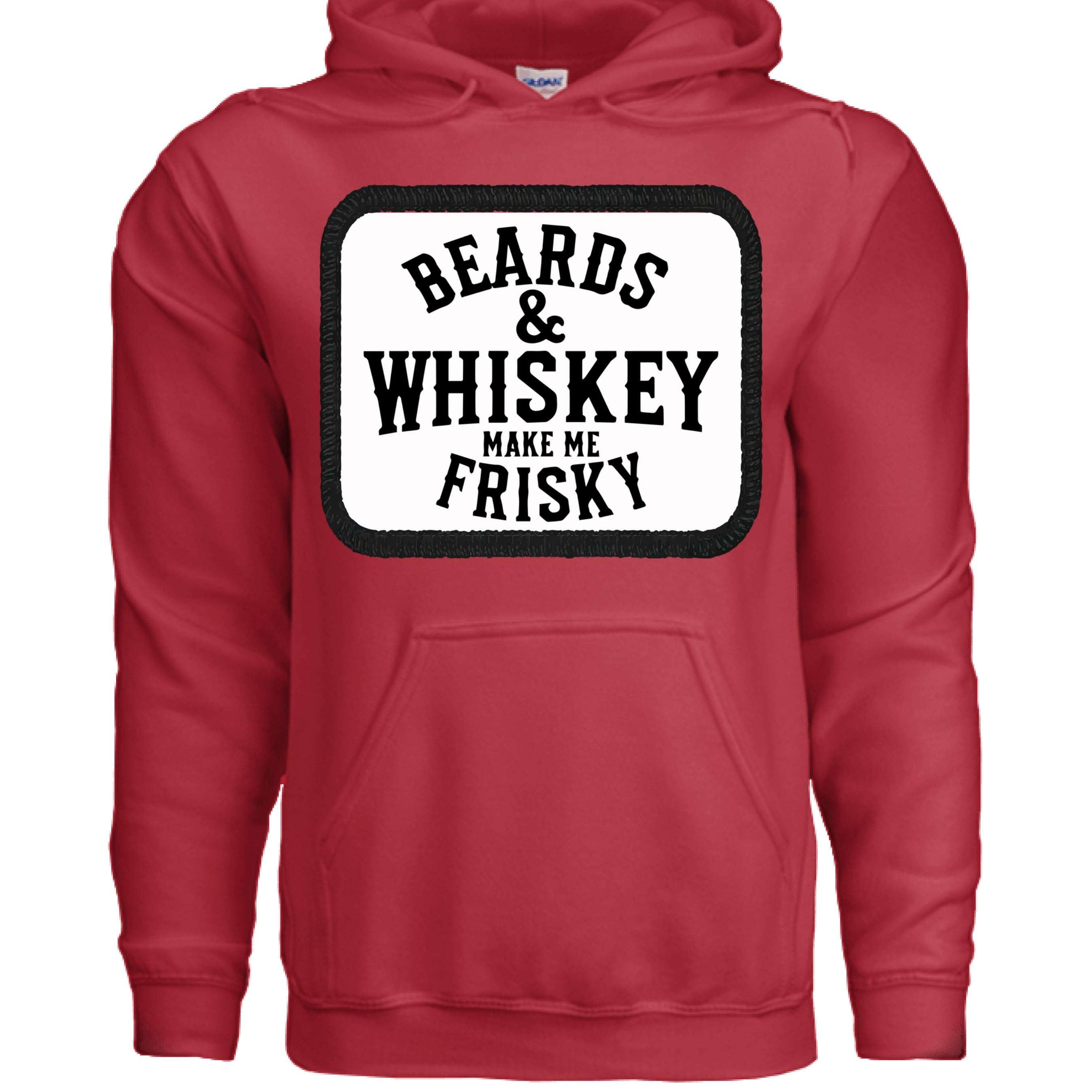 Beards & Whiskey Make Me Frisky Vintage Humor Hoodie front view , Beards & Whiskey Make Me Frisky Vintage Humor Hoodie graphic detail  ,Beards & Whiskey Make Me Frisky Vintage Humor Hoodie side angle,  Vintage humor beard whiskey hoodie close up