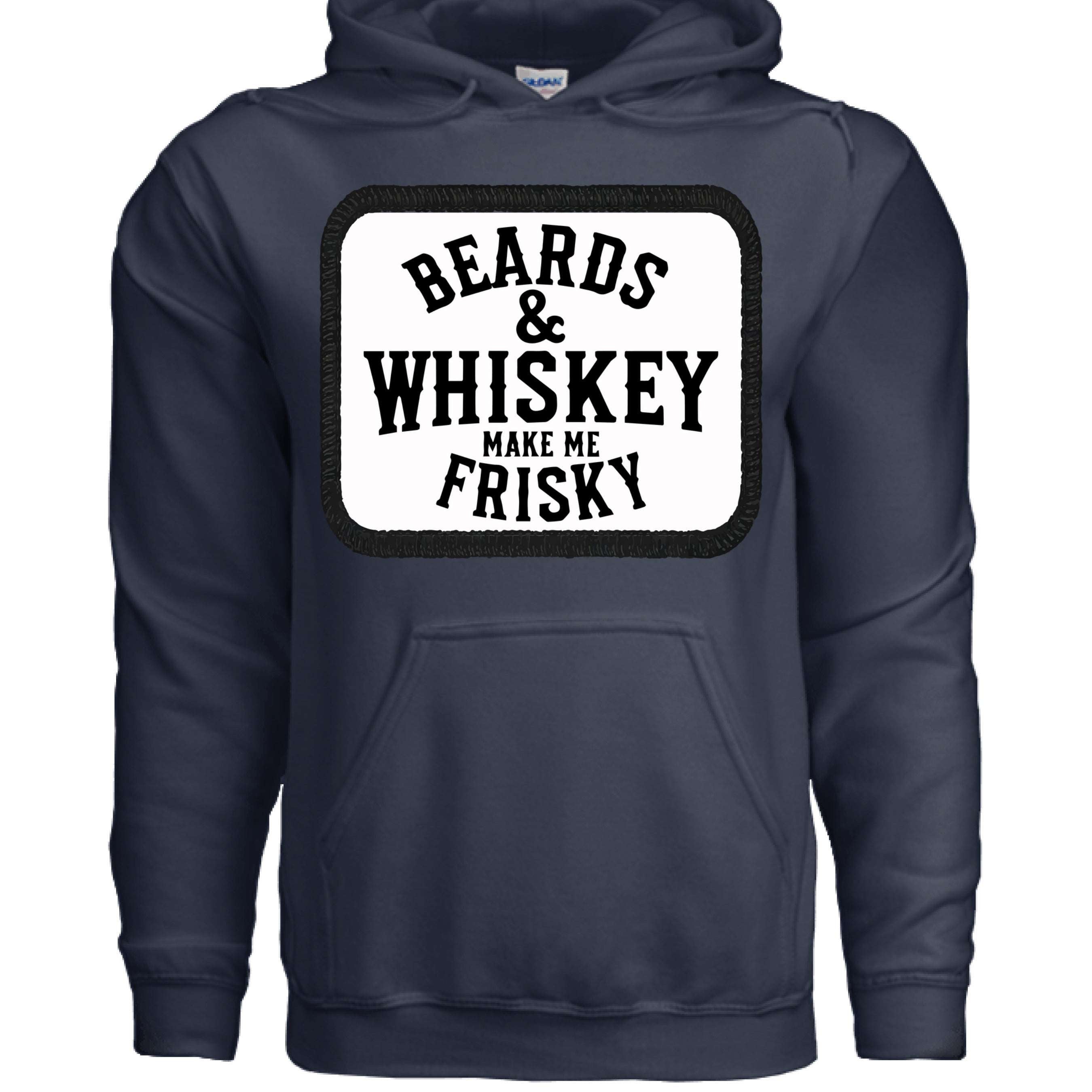 Beards & Whiskey Make Me Frisky Vintage Humor Hoodie front view , Beards & Whiskey Make Me Frisky Vintage Humor Hoodie graphic detail  ,Beards & Whiskey Make Me Frisky Vintage Humor Hoodie side angle,  Vintage humor beard whiskey hoodie close up