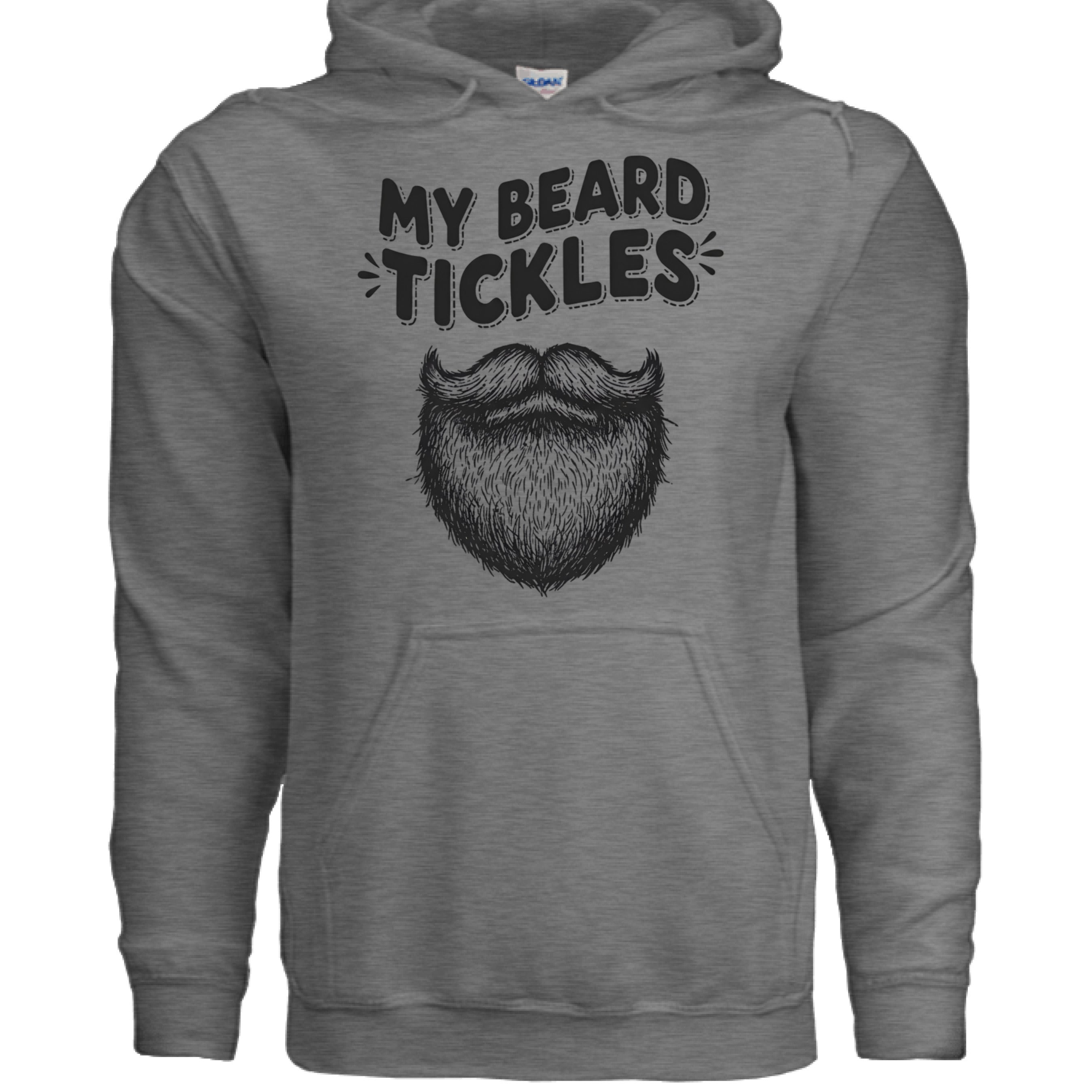 My Beard Tickles Bearded Playful Hoodie Beard Humor front view,  My Beard Tickles Bearded Playful Hoodie Beard Humor graphic detail,  My Beard Tickles Bearded Playful Hoodie side angle , Playful beard humor hoodie close up