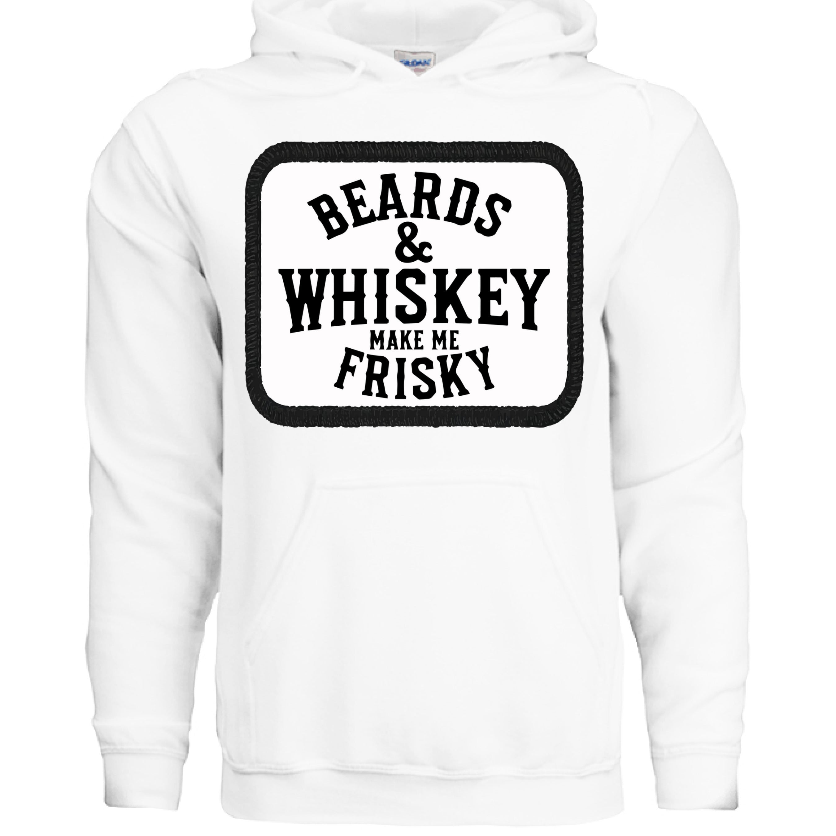 Beards & Whiskey Make Me Frisky Vintage Humor Hoodie front view , Beards & Whiskey Make Me Frisky Vintage Humor Hoodie graphic detail  ,Beards & Whiskey Make Me Frisky Vintage Humor Hoodie side angle,  Vintage humor beard whiskey hoodie close up